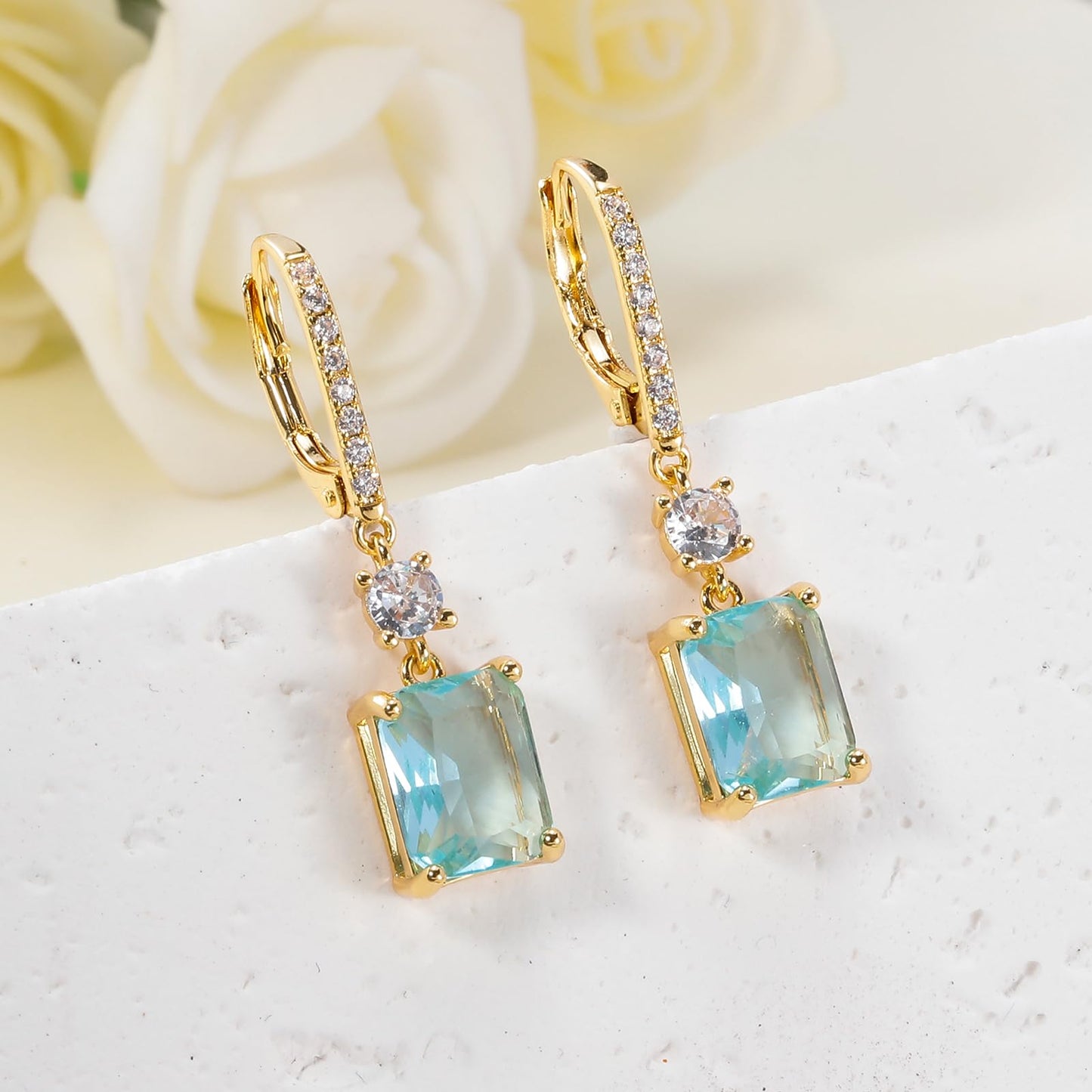 CiNily Leverback Earrings for Women Rectangular-cut Drop Dangle Earring Hypoallergenic, 14K Gold Plated Aquamarine Cubic Zircon Earrings Diamond Dangle Ear Rings Jewelry Birthday