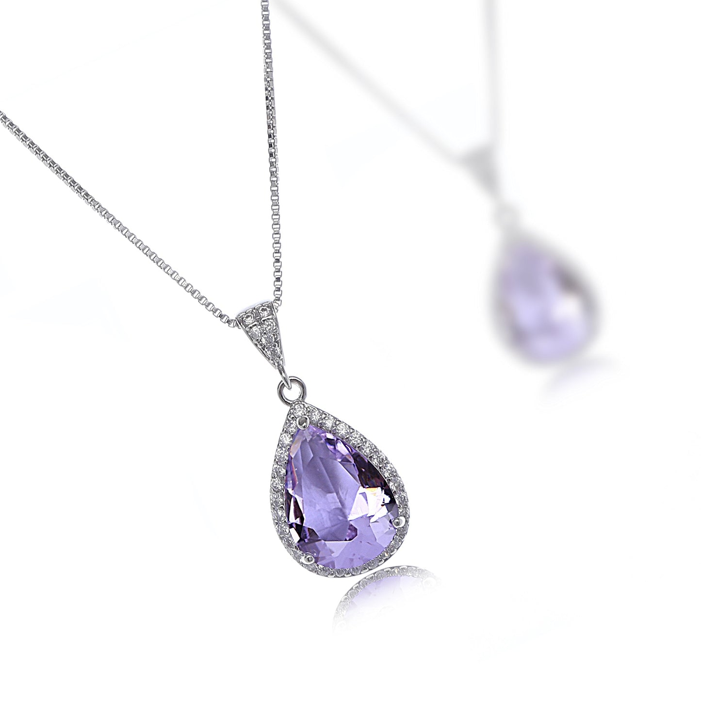 AMYJANE Wedding Jewelry Set for Bride - Sterling Silver Teardrop Amethyst Purple Cubic Zirconia Crystal Rhinestone Necklace Earrings Set Bridal Jewelry Set for Bridesmaids February Birthstone Jewelry