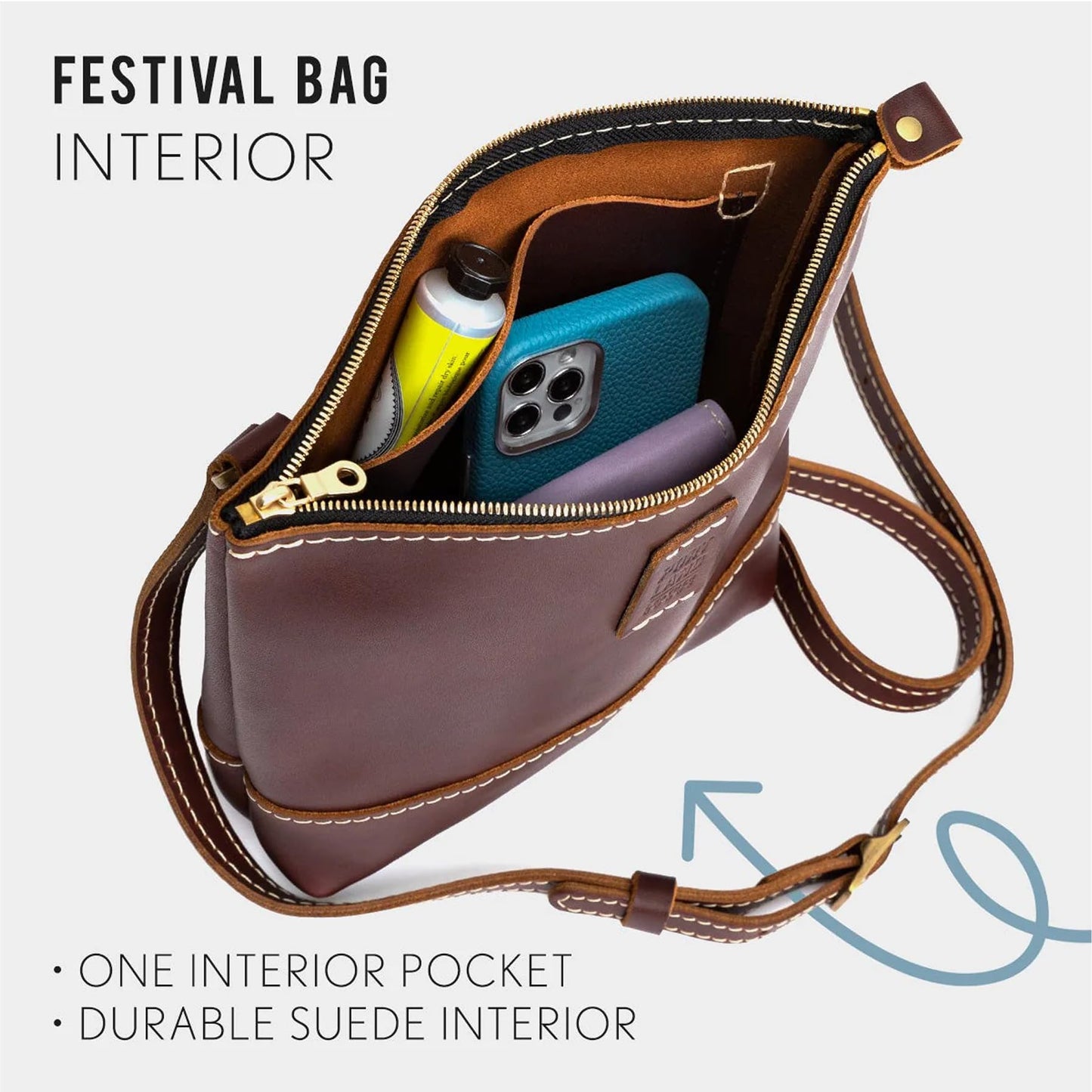 Portland Leather Goods Festival Bag – Lightweight Leather Crossbody Purse & Shoulder Bag with Zipper Closure & Double-Layer Adjustable Strap – Handmade from the Finest Full-Grain Hides – Grizzly