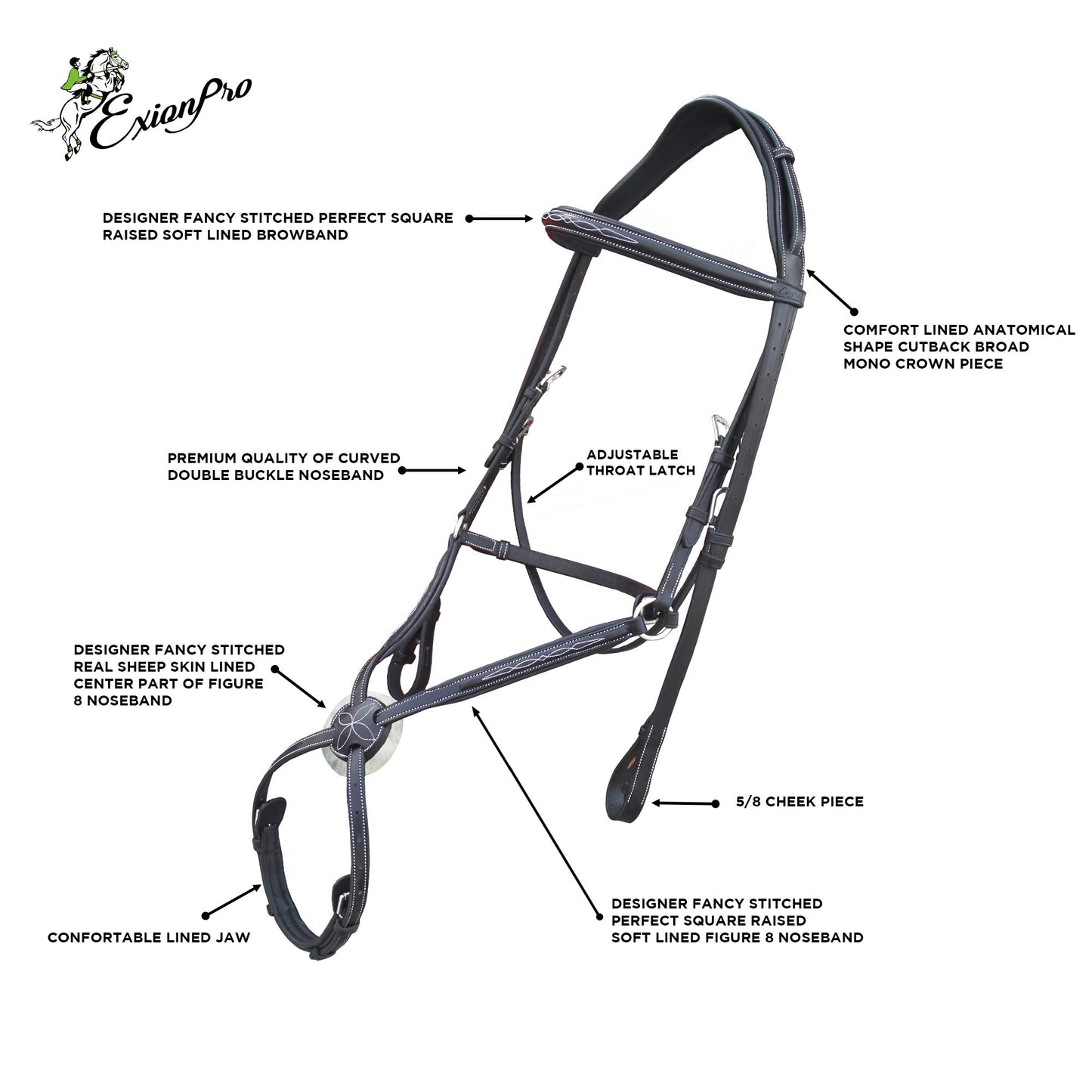 Exion Comfort Lined Anatomic Shape Mono Crown Piece Designer Fancy Stitched Perfect Square Raised Double Buckle Adjustable Figure 8 Noseband Jumping Bridle with Rubber Reins | Royal English Bridle