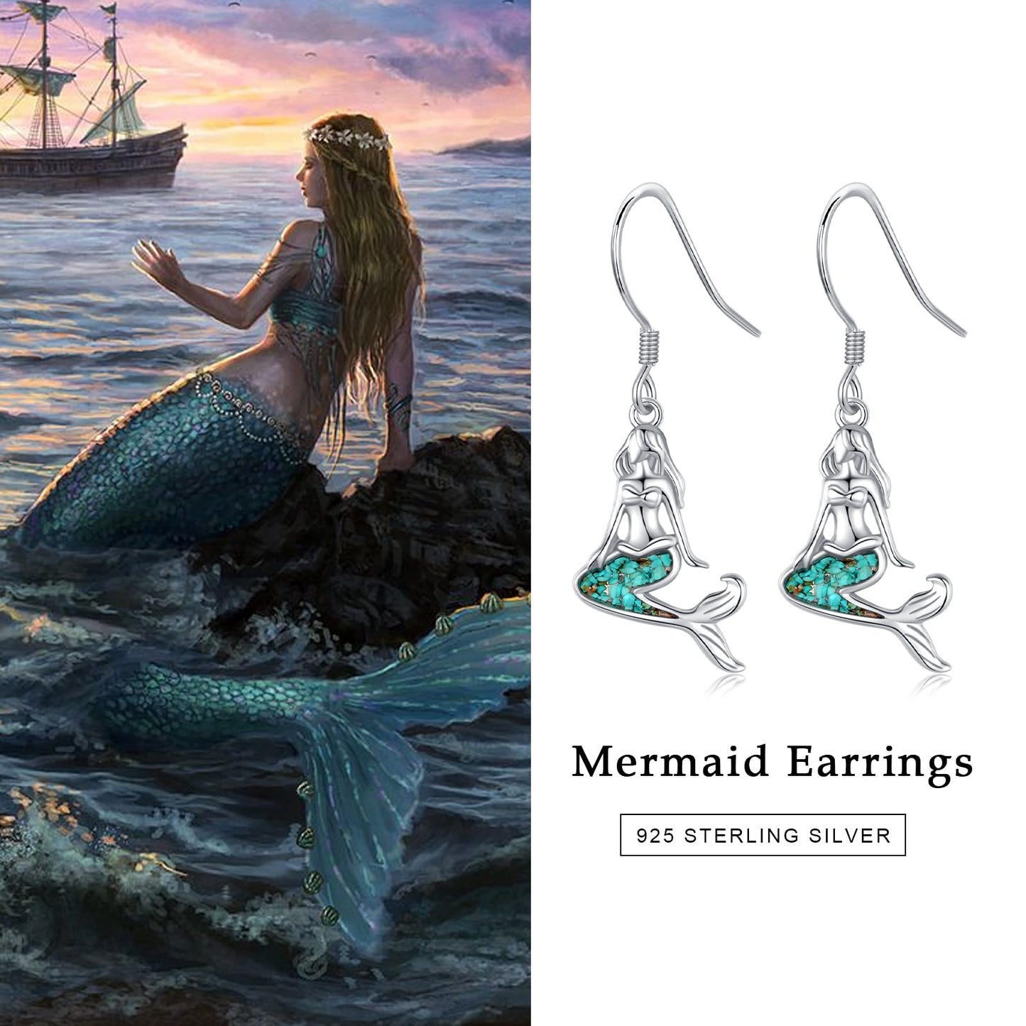 Mermaid Earrings for Women 925 Sterling Silver Turquoise Ocean Dangle Drop Earrings Sea Beach Themed Jewelry Summer little Mermaid Gifts for Friends
