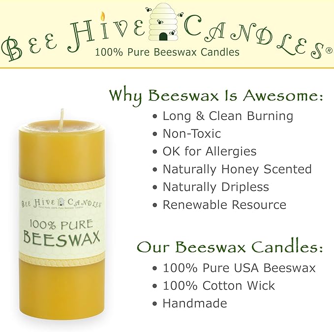 100% Pure Beeswax Pillar Candle (2" x 6") | Natural Beeswax Candles | Soy, Paraffin & Fragrance Free | Handmade in The USA