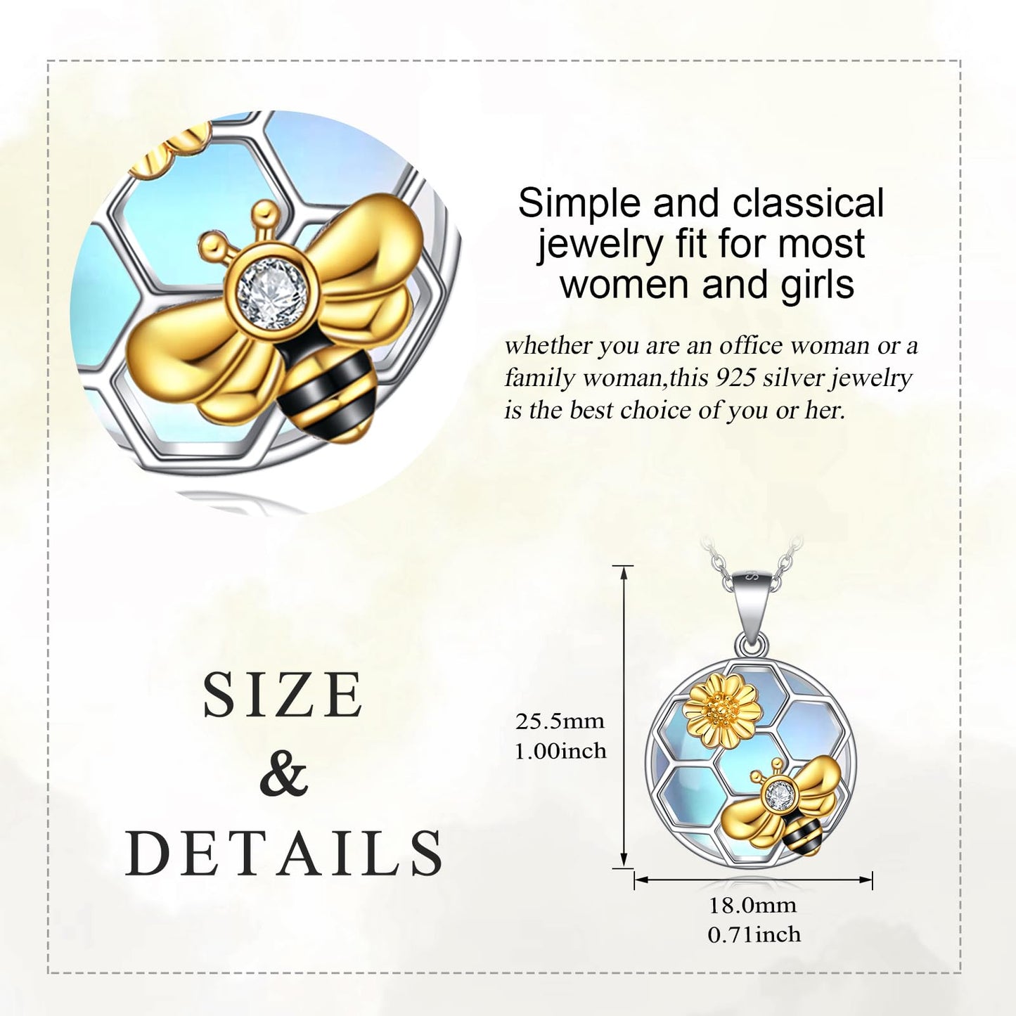 LUHE Bee Necklace 925 Sterling Silver Moonstone Necklace Honeycomb Cute Flower Pendant Necklaces for Women Christmas Gifts for Her Women