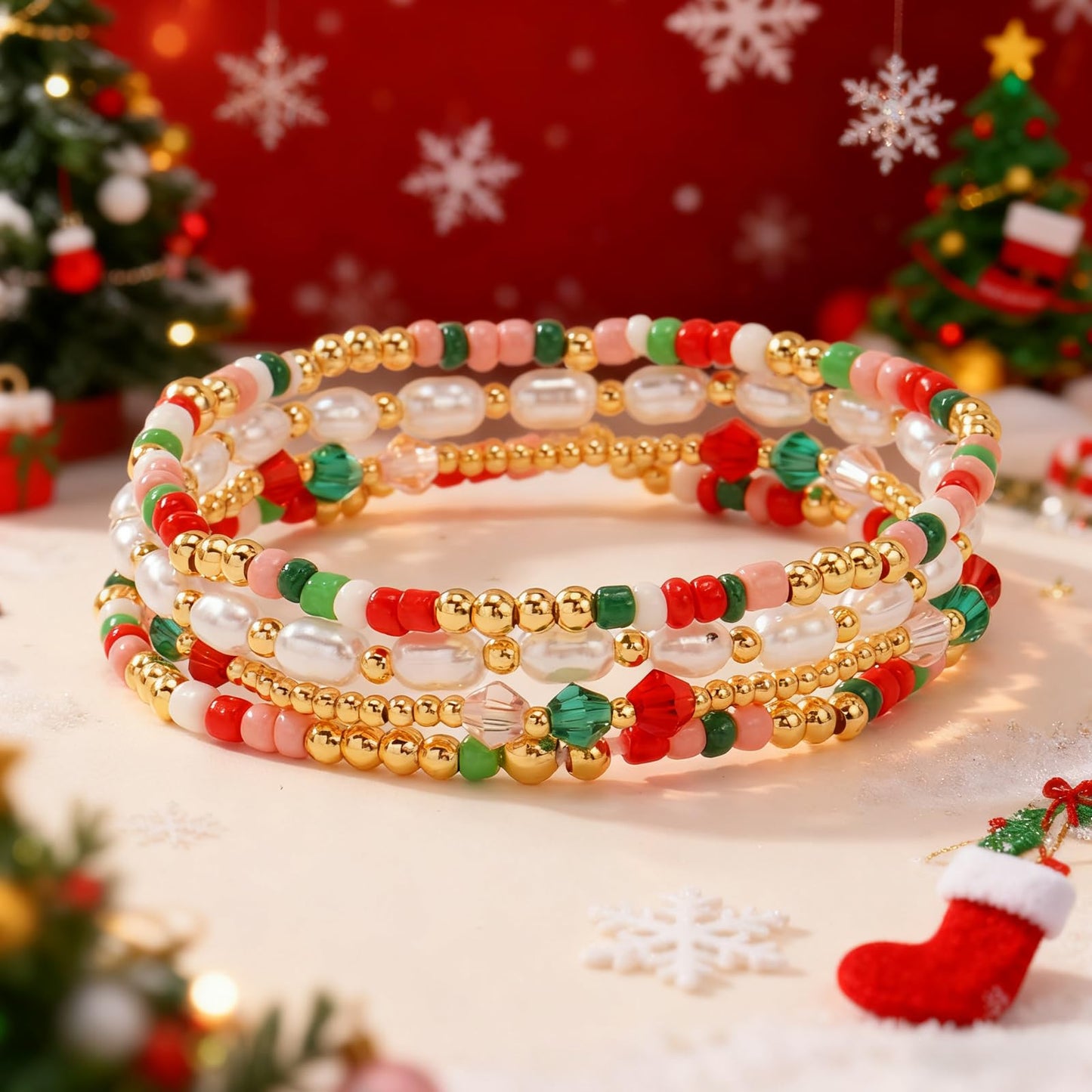 Bohxantium Christmas Gold Crystal Pearl Beaded Bracelet Set for Women Stackable Red Green White Gold Beads Handmade Boho Stretch Crystal Pearl Jewelry Holiday Festive Party Vacation New Year Xmas Gift
