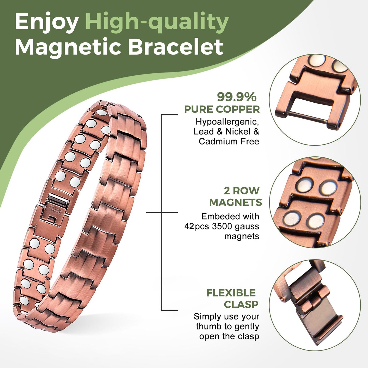 MagEnergy Mens Copper Magnetic Bracelets 9" Link Adjustable 99.9% Pure Copper with Double Raw 3500 Gauss Magnets Jewelry Gifts