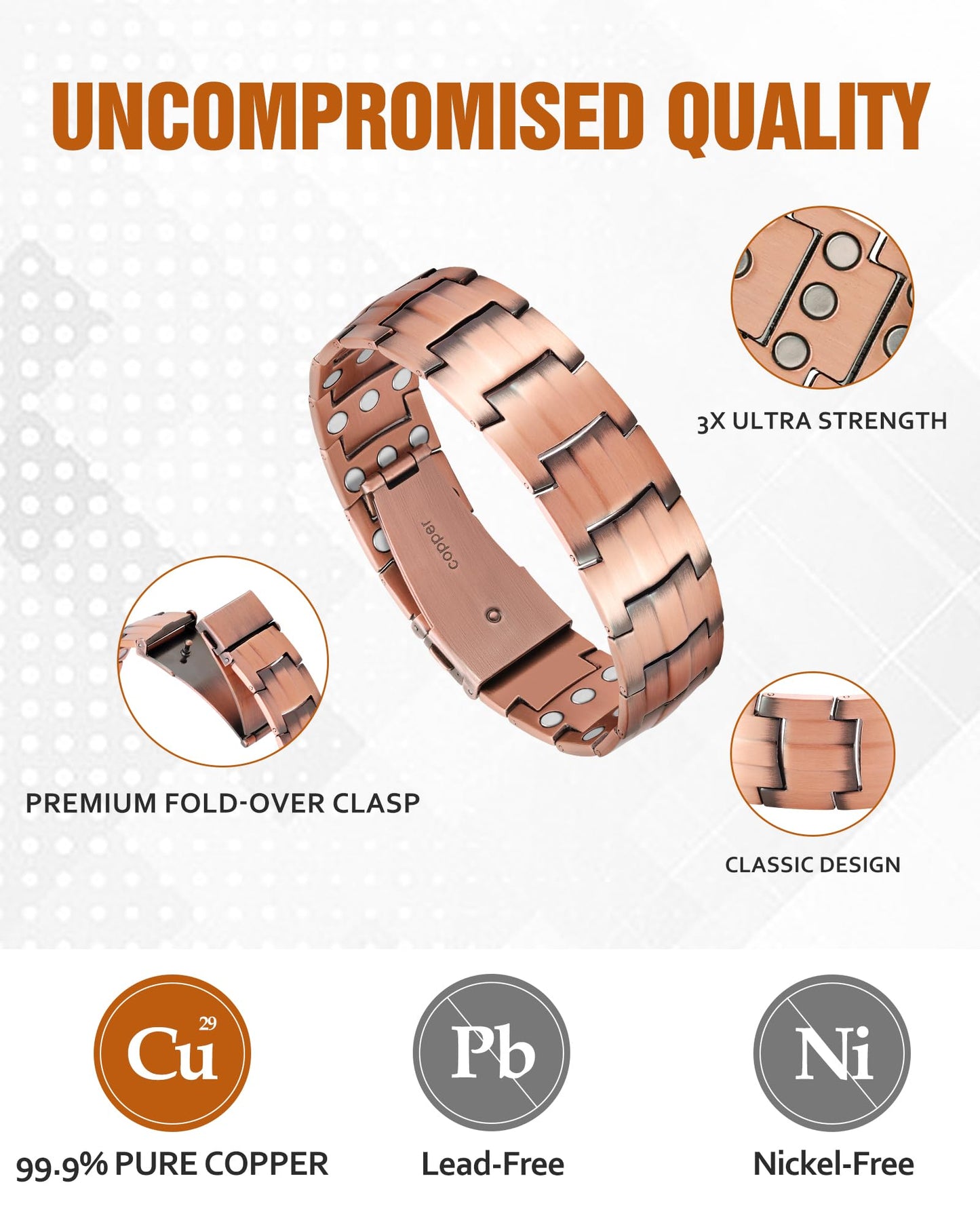 Jecanori Pure Copper Bracelet for Men, Upgrade 3X Ultra Strength Magnetic Bracelets for Men with 3800 Gauss Neodymium Magnets, Premium Fold-Over Clasp Jewerly Gift with Sizing Tool