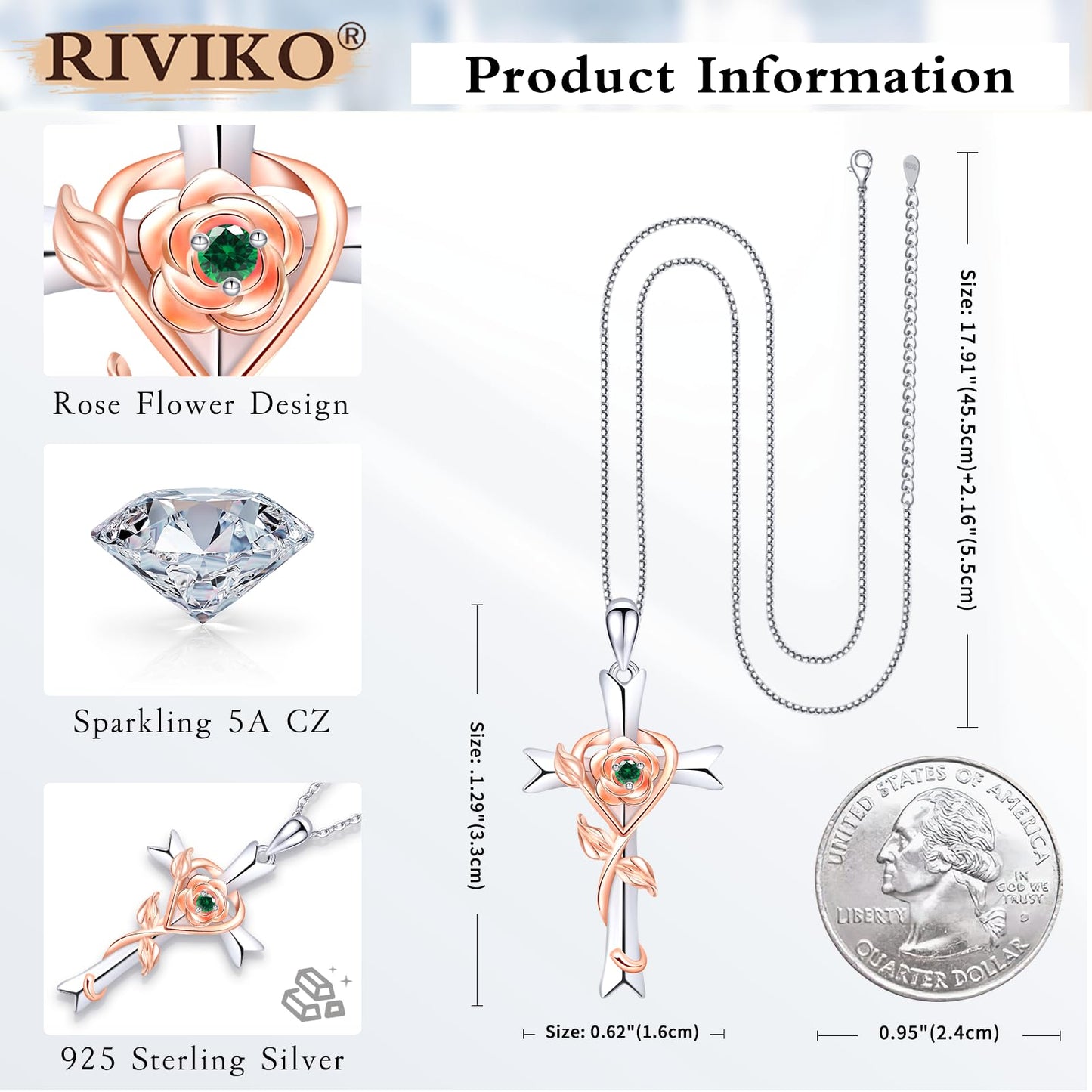 RIVIKO 925 Sterling Silver Cross May Birthstone Necklace for Women Cross Rose Pendant Necklaces Trendy Christmas Valentine's Day Jewelry Anniversary Birthday Gift for Women Her Wife Daughter
