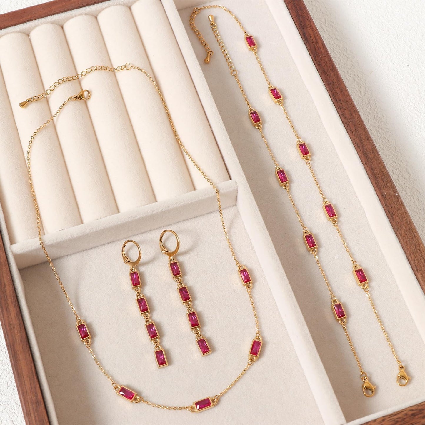 TaYolnFaSo Emerald-cut Red Cubic Zirconia Jewelry Set for Women 18k Gold Plated Red Necklace Earring Bracelet Anklet January Birthstone Garnet Jewelry Prom Wedding Birthday Gift