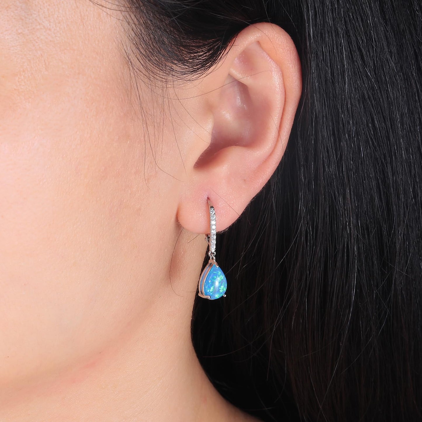 Leverback Blue Opal Dangle Earrings 14k White Gold Plated Drop Earrings for Women Teardrop Earrings Elegant Jewelry Gifts for Christmas Birthday Party