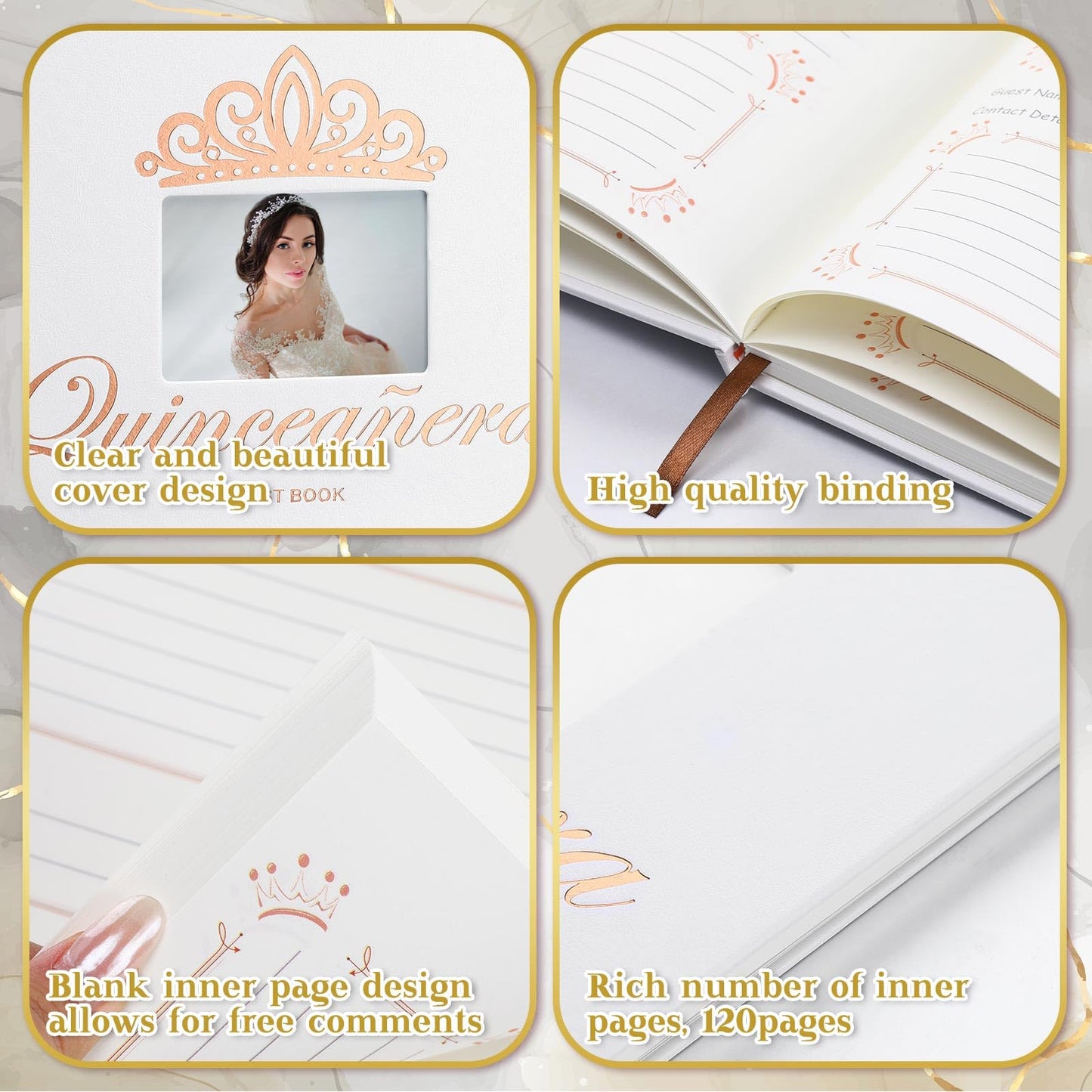 MotiMind Quinceanera Guest Book with Pen 11 x 8 Inch Libro De Firmas Para 15 Anos Quinceanera Leather Hardcover Signature Book Guest Sign in for 15th Party Favors Decoration(White Rose Gold,Crown)