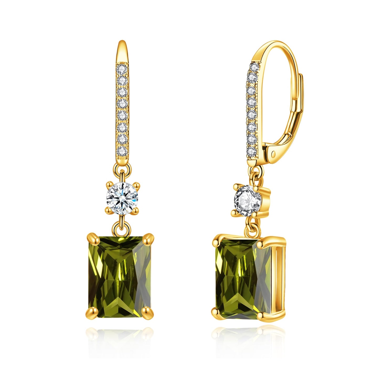 CiNily Leverback Earrings for Women Rectangular-cut Drop Dangle Earring Hypoallergenic, 14K Gold Plated Olive Green Cubic Zircon Earrings Diamond Dangle Ear Rings Jewelry Birthday
