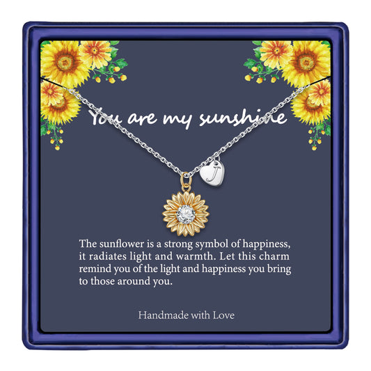 MONOZO Initial Sunflower Necklace for Women Trendy, 14k Gold Plated Sunflower Necklace Pendant CZ Heart Letter Initial J Necklace You Are My Sunshine Sunflower Gifts for Women Jewelry