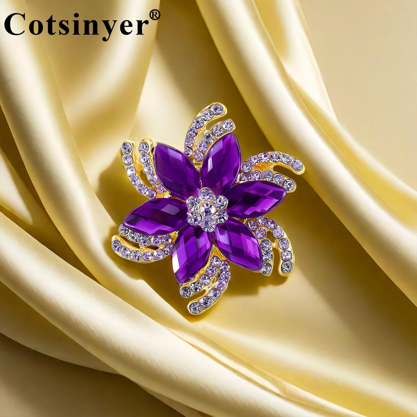 Cotsinyer Floral Brooch with Rhinestones-Elegant Gold and Purple Crystal Lapel Pin for Women，Ideal for Wedding, Party, Hat, and Scarf Accessory
