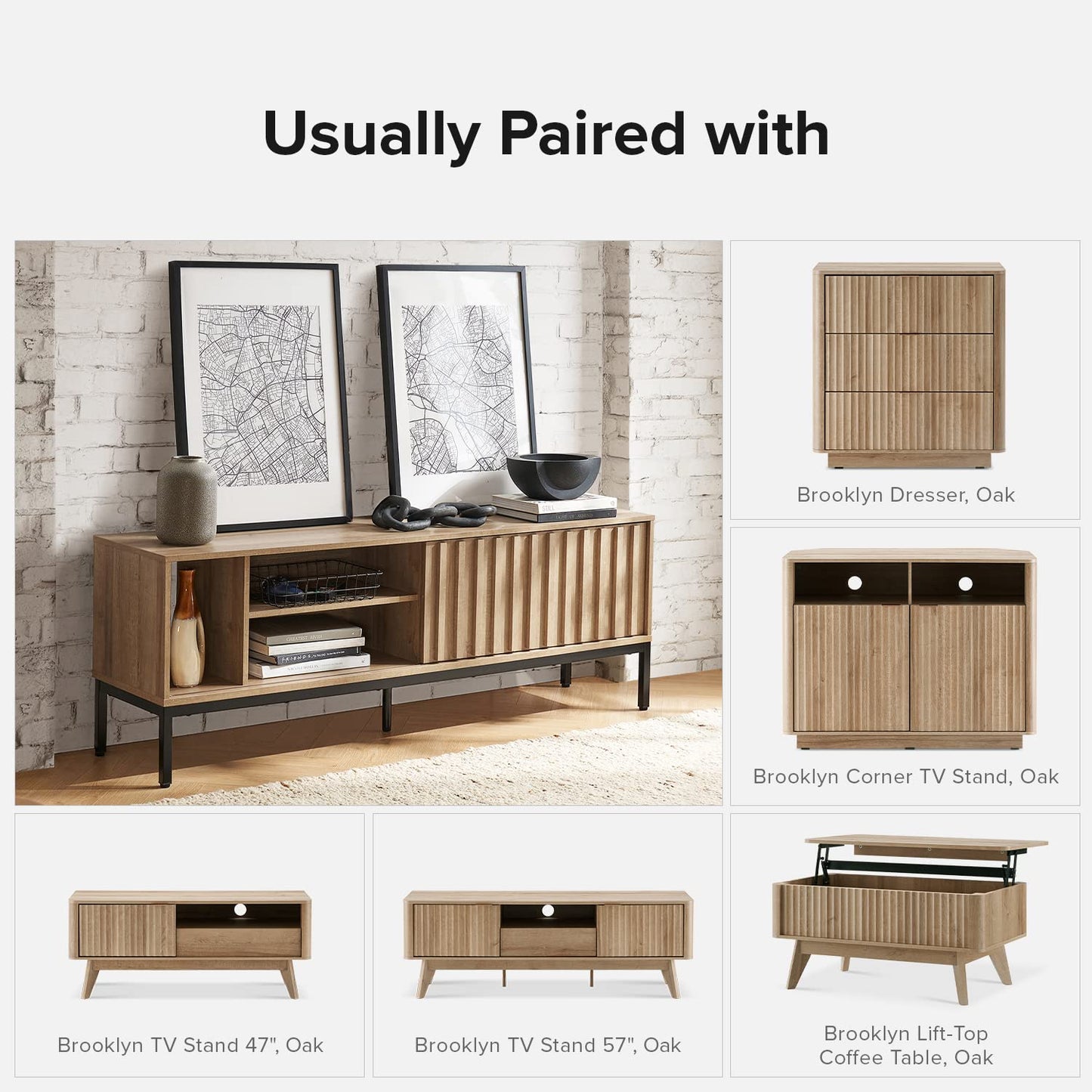 mopio Norwin TV Stand, Rustic Modern Industrial Television Stand for 60/65/70 inch TV, Fluted Entertainment Center with Storage, Wood Media Console Credenza Cabinet Table (Oak 64" TV Stand)