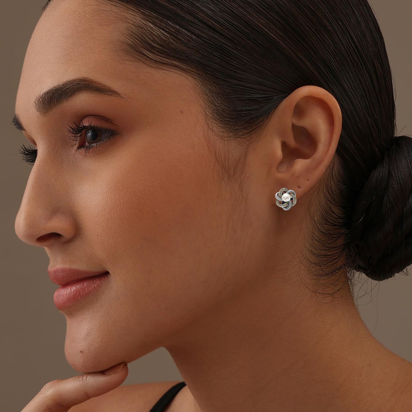 LeCalla 925 Sterling Silver Freshwater Pearl Earrings for Women | Caviar Beaded Pearl Clip-On Omega Back Stud Earring | Two-Tone Love Knot Earrings Gifts for Her 15MM