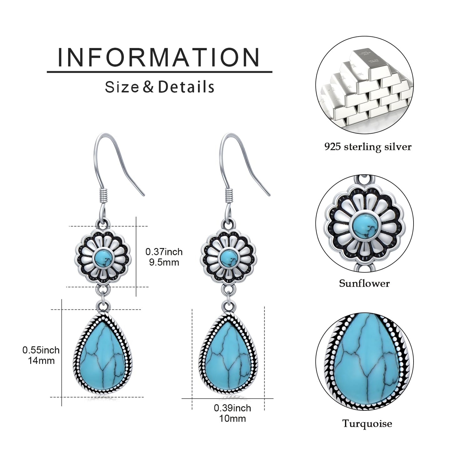 KoyeKei Colloca Western Earrings for Women 925 Sterling Silver Turquoise Colloca Dangle Drop Earrings Teardrop Vintage Boho Jewelry Country Cowboy Carter Concert Gifts for Cowgirl