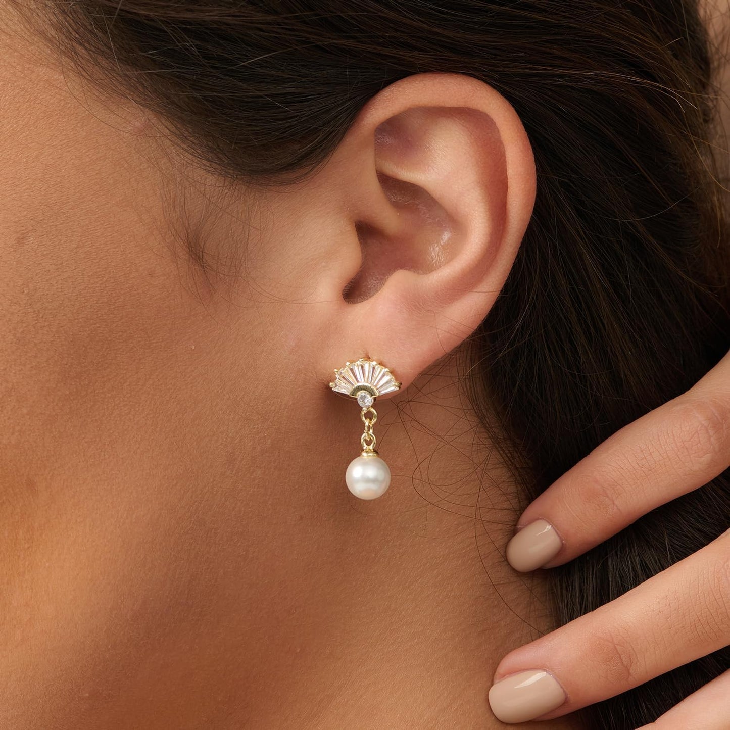 PRTGL Pearl Earrings: 14k Gold-plated Cubic Zirconia Accented Pearl Drop Wedding Engagement Earrings For Women Bridal Bridesmaid (Fan Designed)