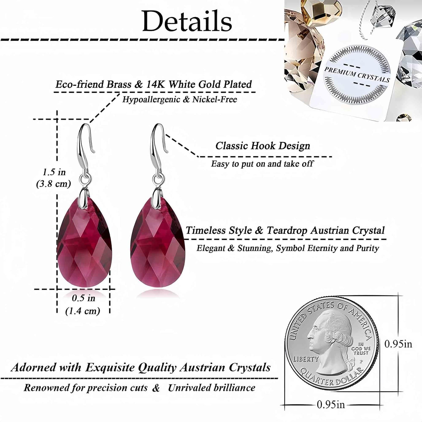 Austrian Crystal Teardrop Dangle Hook Earrings for Women 14K Gold Plated Hypoallergenic Jewelry (Fuchsia)