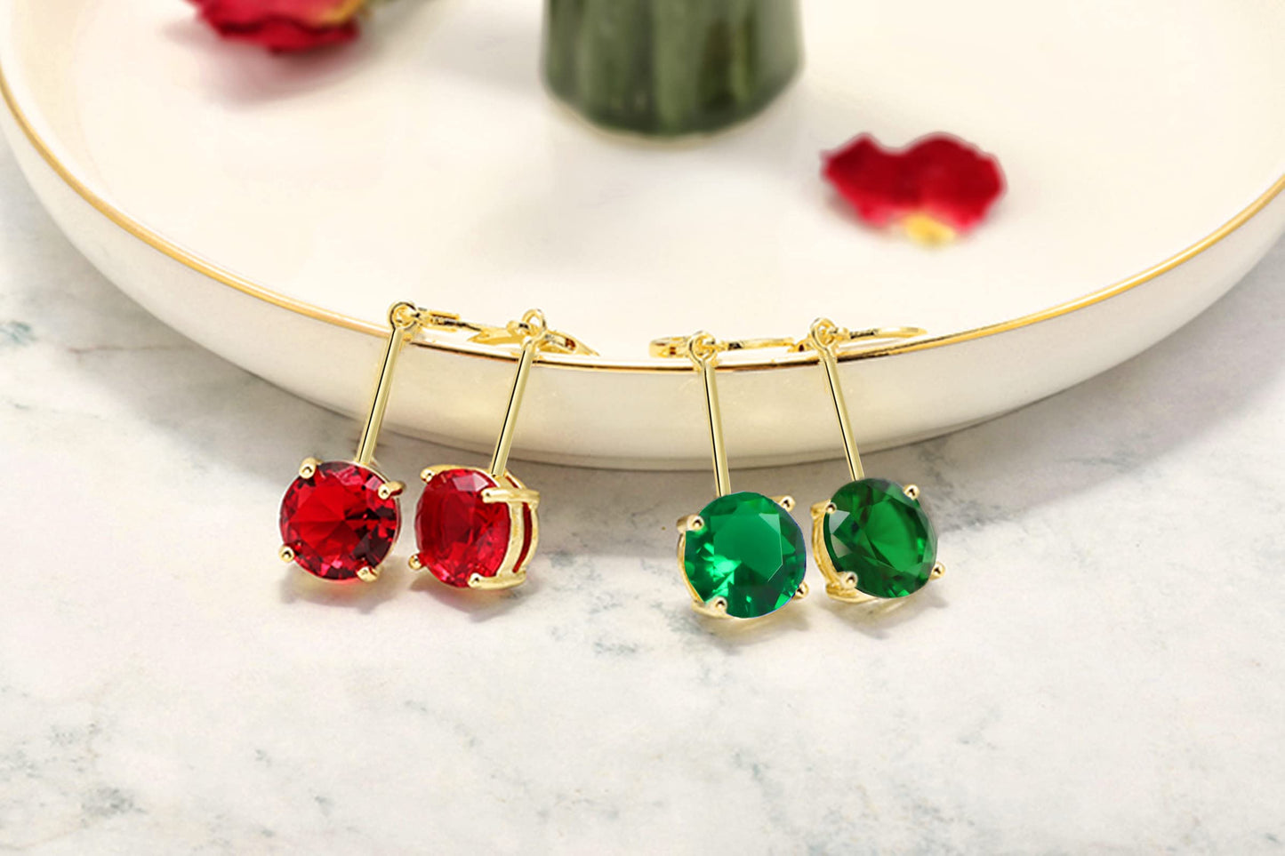 VONSSY Gemstone Drop Dangle Earrings | Platinum/Gold Plated Leverback Crystal Cubic Zirconia Hanging Red/Pink/Blue Earrings (Green-Gold)
