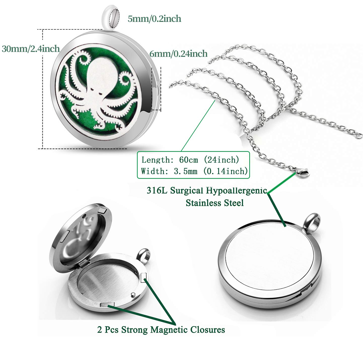 Popeoiuh Essential Oil Diffuser Necklace Stainless Steel Aromatherapy Octopus Animal Locket Pendant with 24" Chain & 8 Pads - Birthday Christmas Perfume Jewelry Gift for Women Men