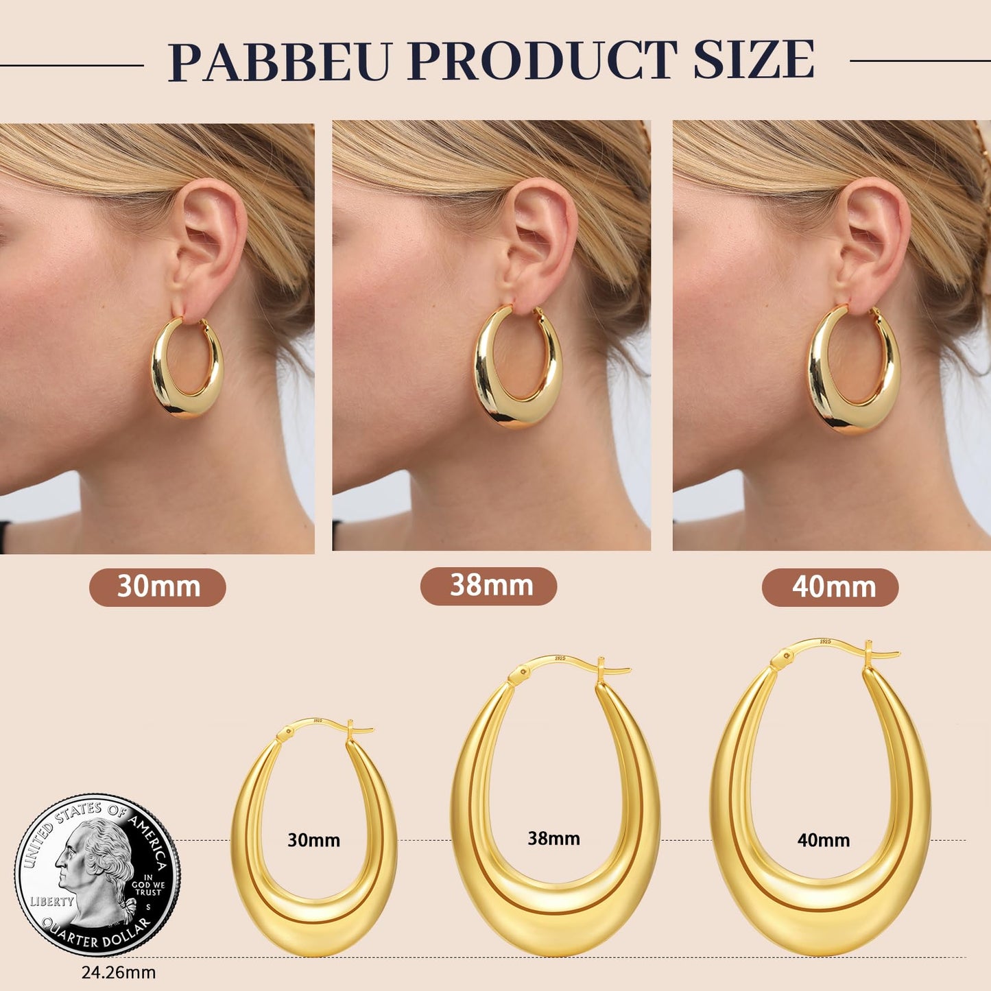 PABBEU Chunky Gold Hoop Earrings for Women, Lightweight 14k Golden Plated Hoops Earrings, Hypoallergenic 925 Oval Golds Hoops Earrings, Thick Gold Hoop Earrings for Women Gifts (30mm)