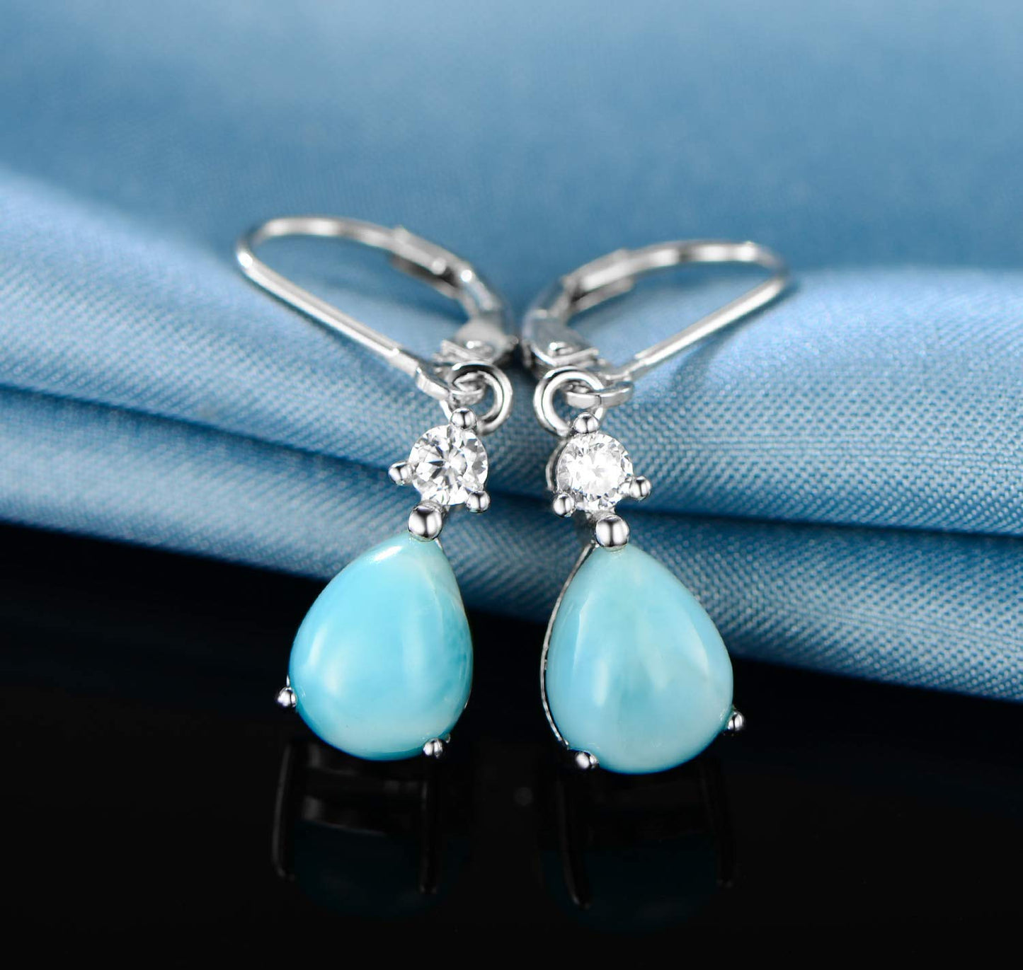 14K White Gold Filled Sterling Silver 7x9mm Teardrop Larimar Gemstone Dangle Earrings for Women