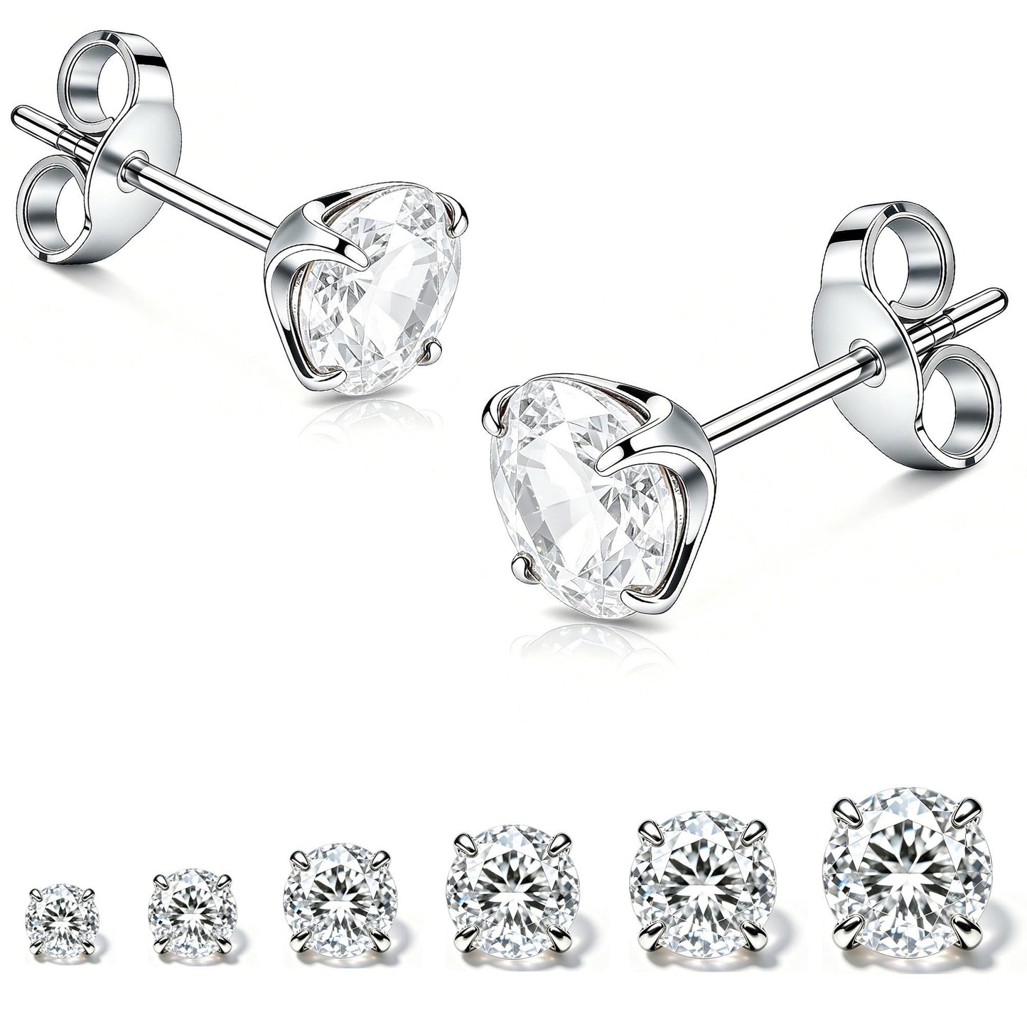 LNIEER 6 Pairs Surgical Steel Stud Earrings for Women, Hypoallergenic Fashion Earring Set, Premium Cubic Zirconia Studs Earrings 3-8mm (White CZ)