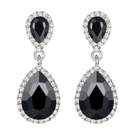 EVER FAITH Women's Black Austrian Crystal Wedding Bridal Tear Drop Dangle Earrings Silver-Plated-Base