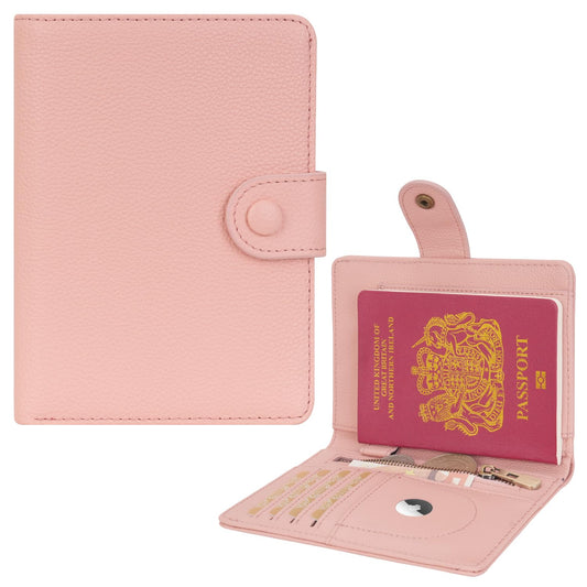 WASON Leather Passport Cover Wallet - Travel Passport Holder with RFID, Card Slots, Cash Pocket, Coin Purse, Tracker Slot, Boarding Pass and Ticket Organizer for Men and Women (Pink)