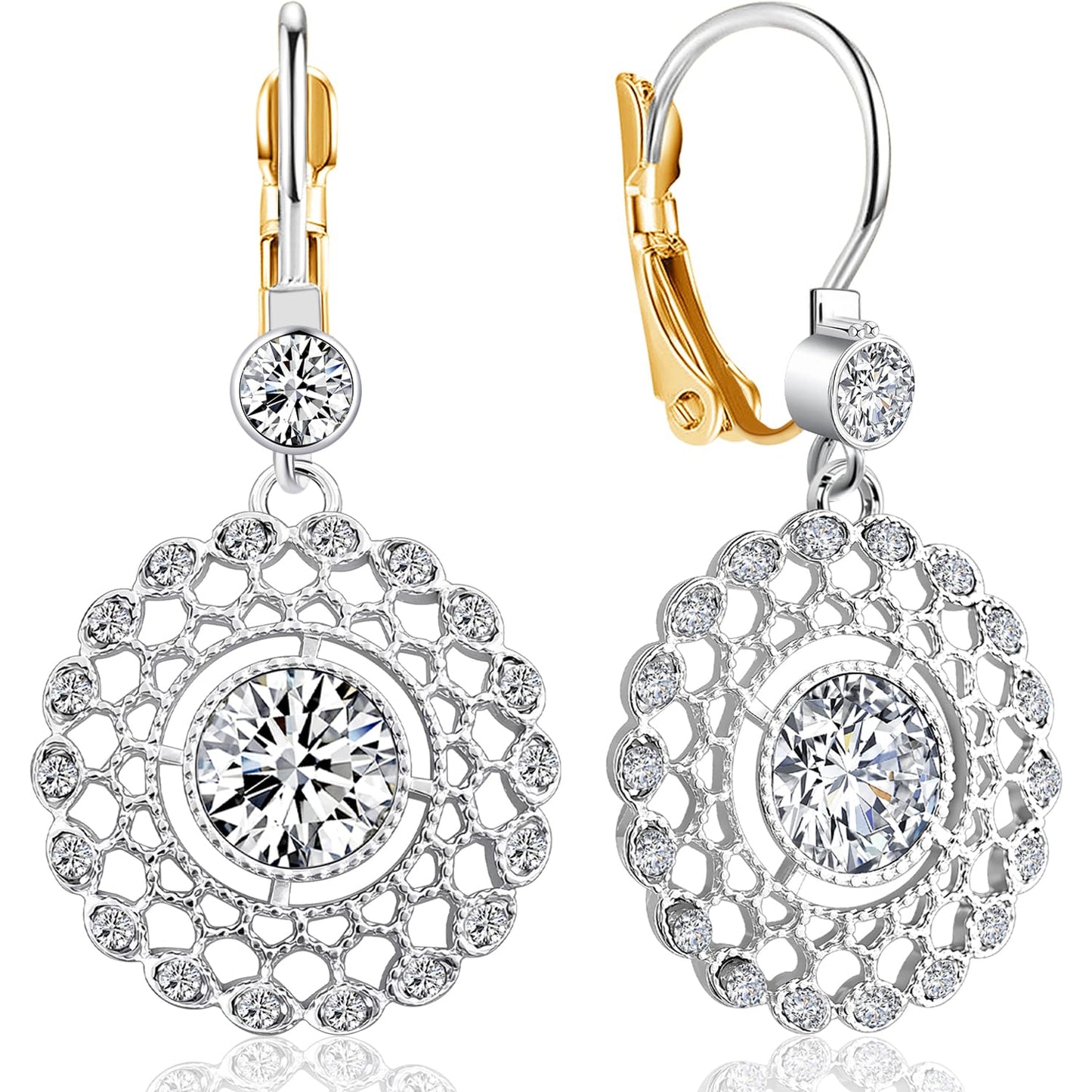 JNONL Vintage Silver Sparkly Crystal Camellia Flower Leverback Earrings Rhinestone Snowflake Round Dangle Drop Earrings for Women (Silver 3)