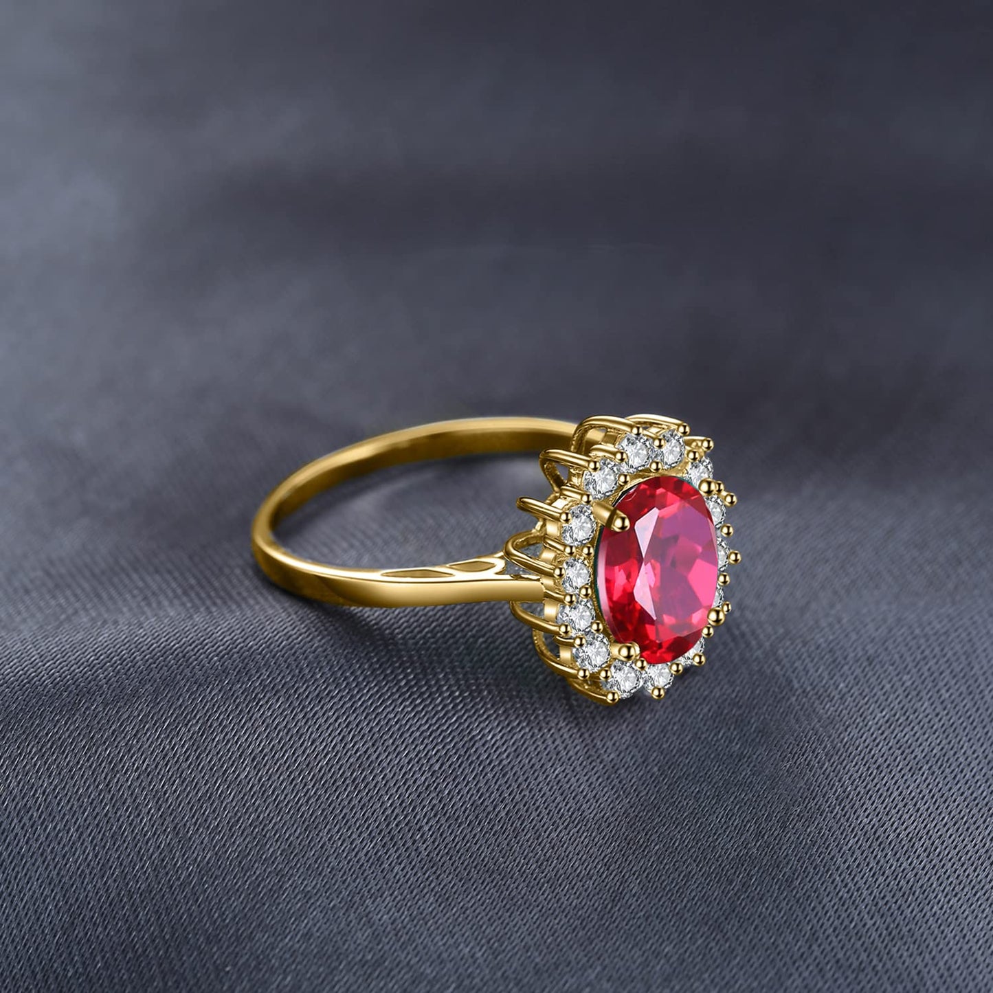 JewelryPalace Princess Diana Kate Middleton Gemstone Birthstone Red Ruby Halo Statement Engagement Rings for Women, 14K Yellow Gold Plated 925 Sterling Silver Promise Rings for Her Size 10.5