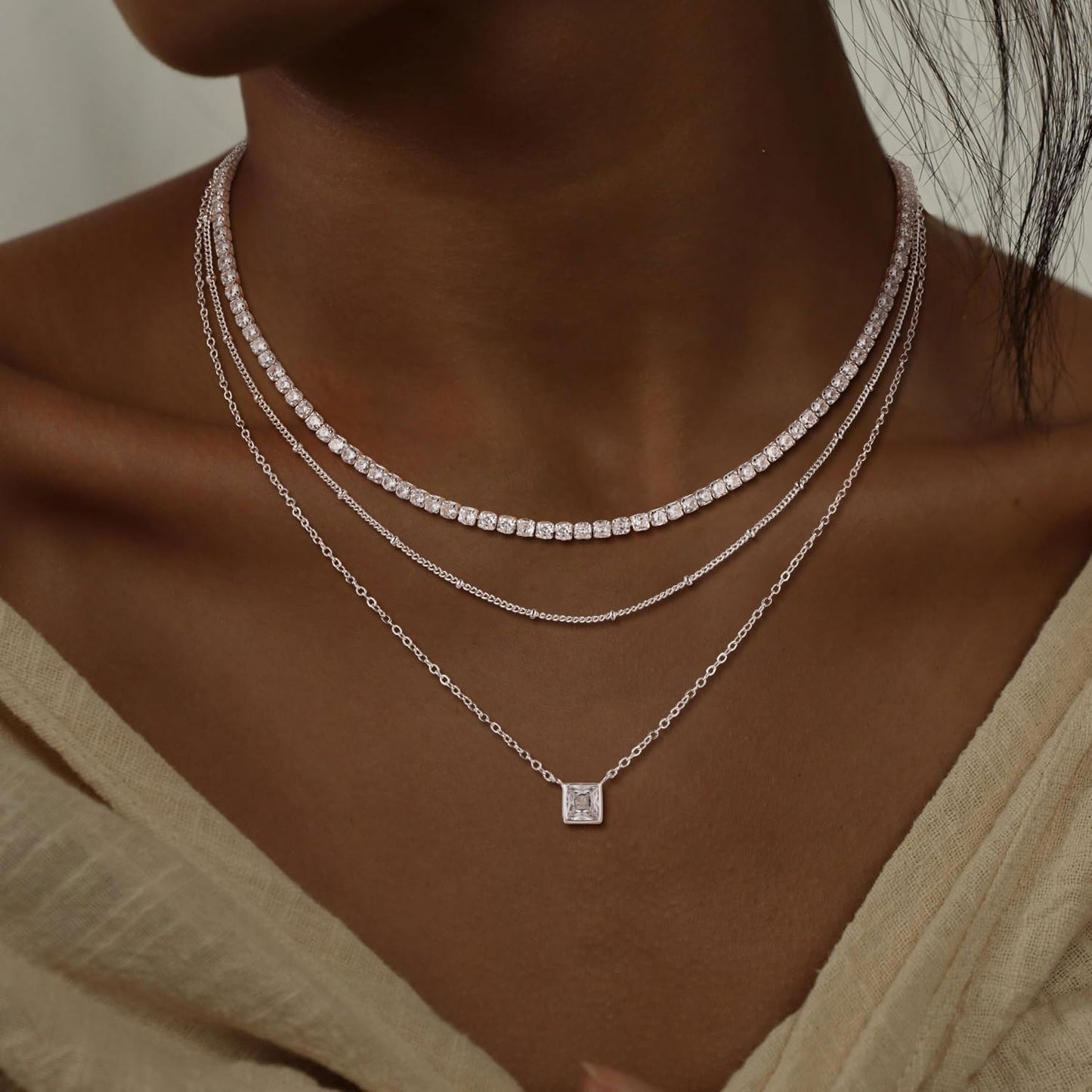 CHESKY Layered Silver Necklaces for Women Trendy, Silver Plated Dainty Stackable Charm Necklaces for Womens Layering Beads Tennis Chain Diamond Pendant Necklaces Jewelry Set for Women Gifts