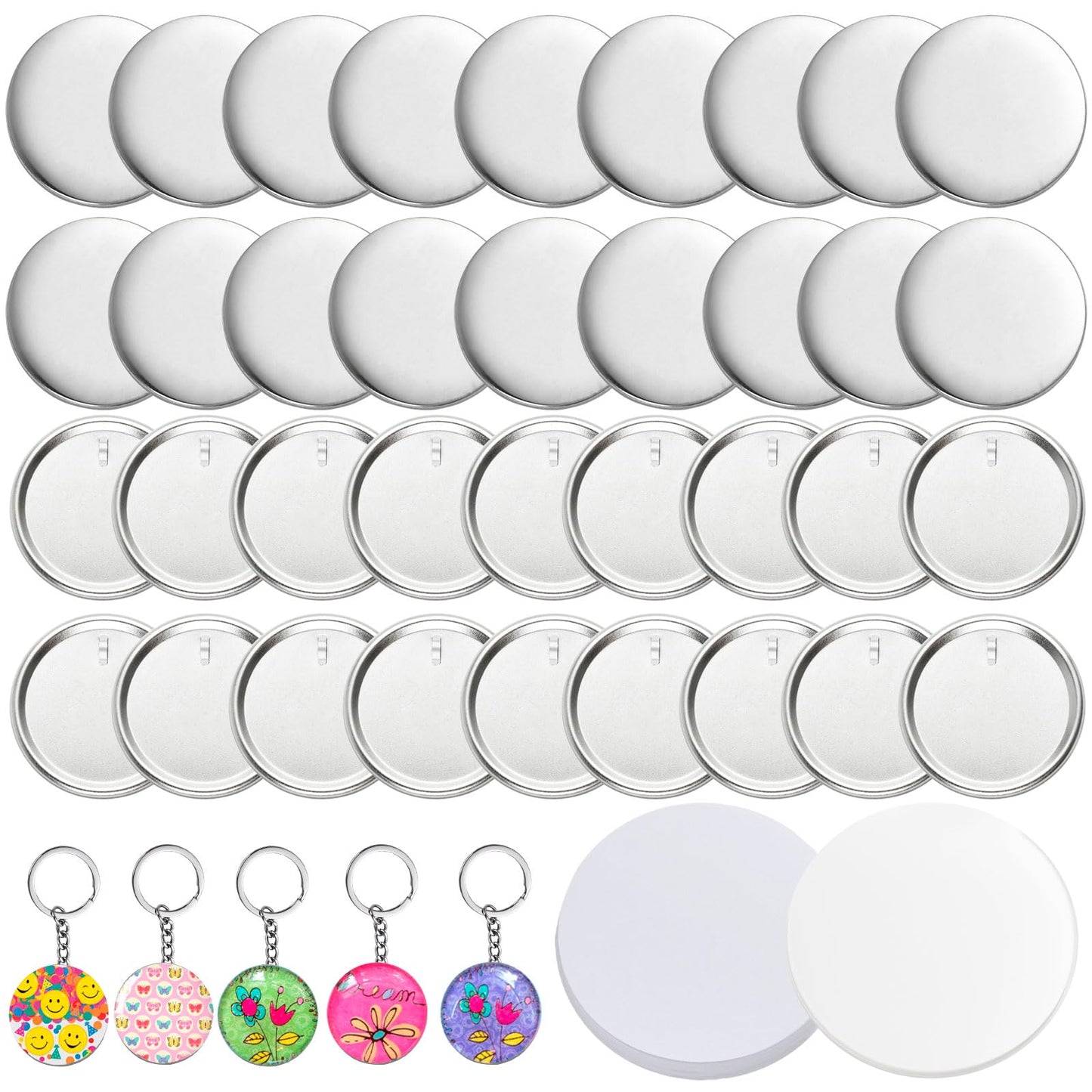 Milkary 250Pcs Button Maker Keychain Supplies, 50 Sets 58mm Metal Keychain Making Supplies for Button Maker Machine, Badge Sets with Metal Shell Back Cover Transparent Film Blank Paper Chain