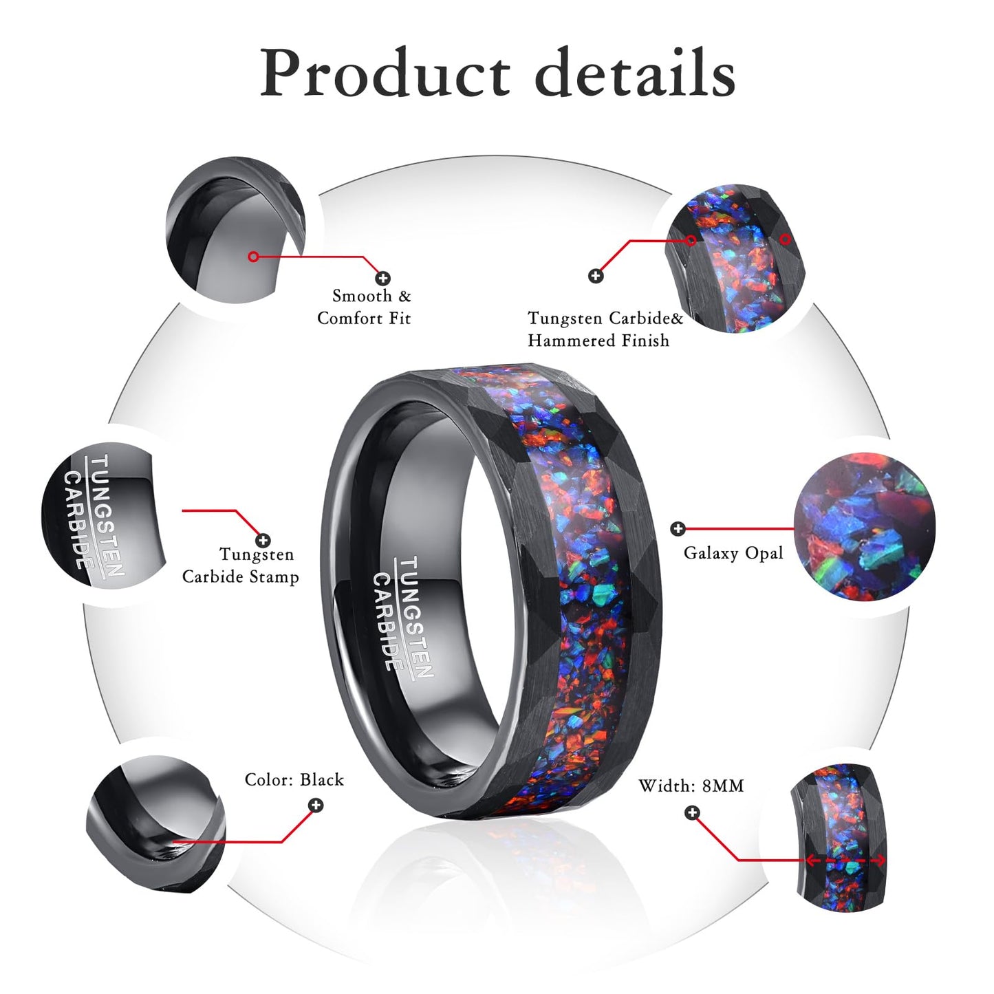 NUNCAD Black Tungsten Rings for Men Women Wedding Ring Band with Galaxy Opal Inlaid 8mm Comfort Fit Hammered Design Sizes 7