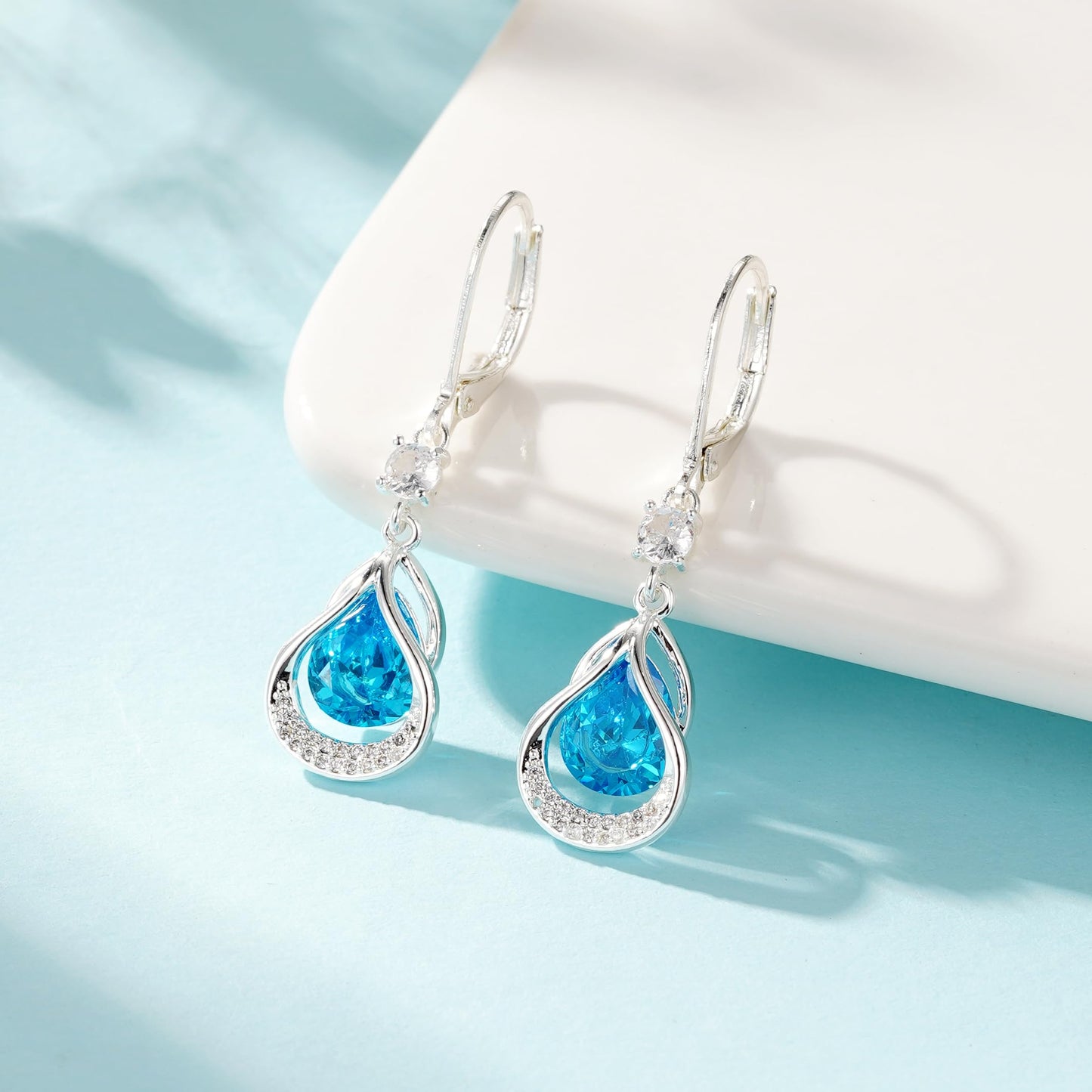 Dangle Trendy Leverback Birthstone Earrings Sliver Plated Teardrop Dangle Earrings Jewelry Christmas Birthday Gifts for Women (Sliver December)