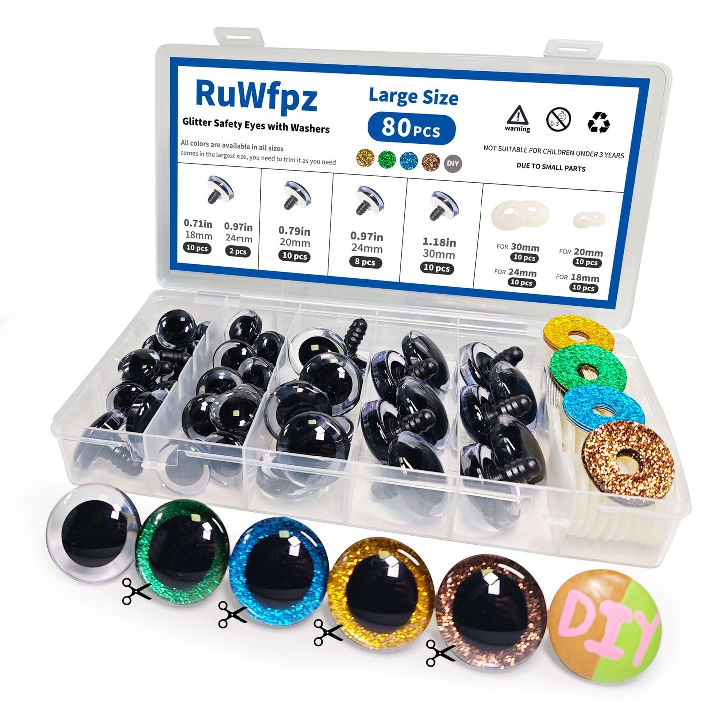 RuWfpz Glitter Safety Eyes for Crocheting Amigurumi 18-30mm - 4 Colors Stuffed Crochet Animal Eyes with Washers, 80Pcs Plastic Clear Button Doll Eyes for Crafts Bear Plushies Toy