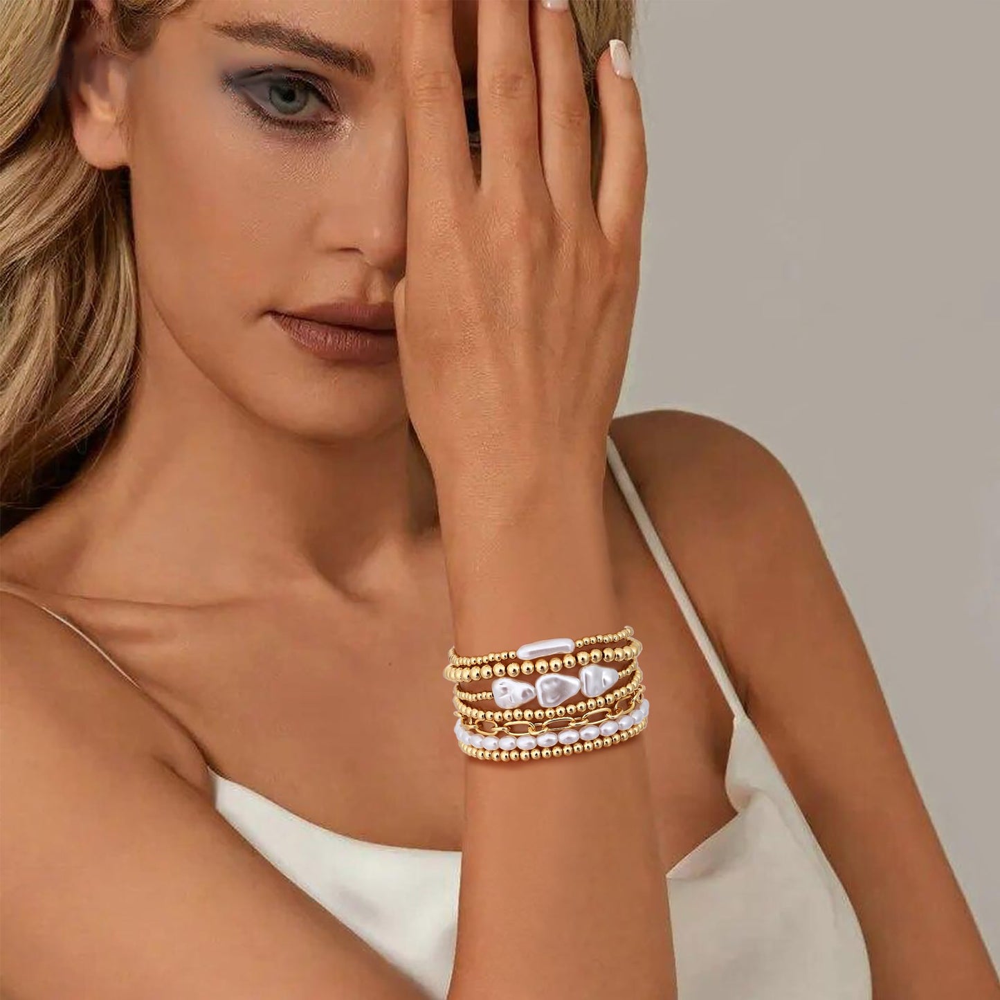 Sajidos Gold Plated Beaded Bracelets for Women Trendy, 14K Gold Plated Stack Cross Pearl Gold Plated Bead Stretch Bracelets Set Elastic Hypoallergenic Bracelets Jewelry Gifts (style11-link)