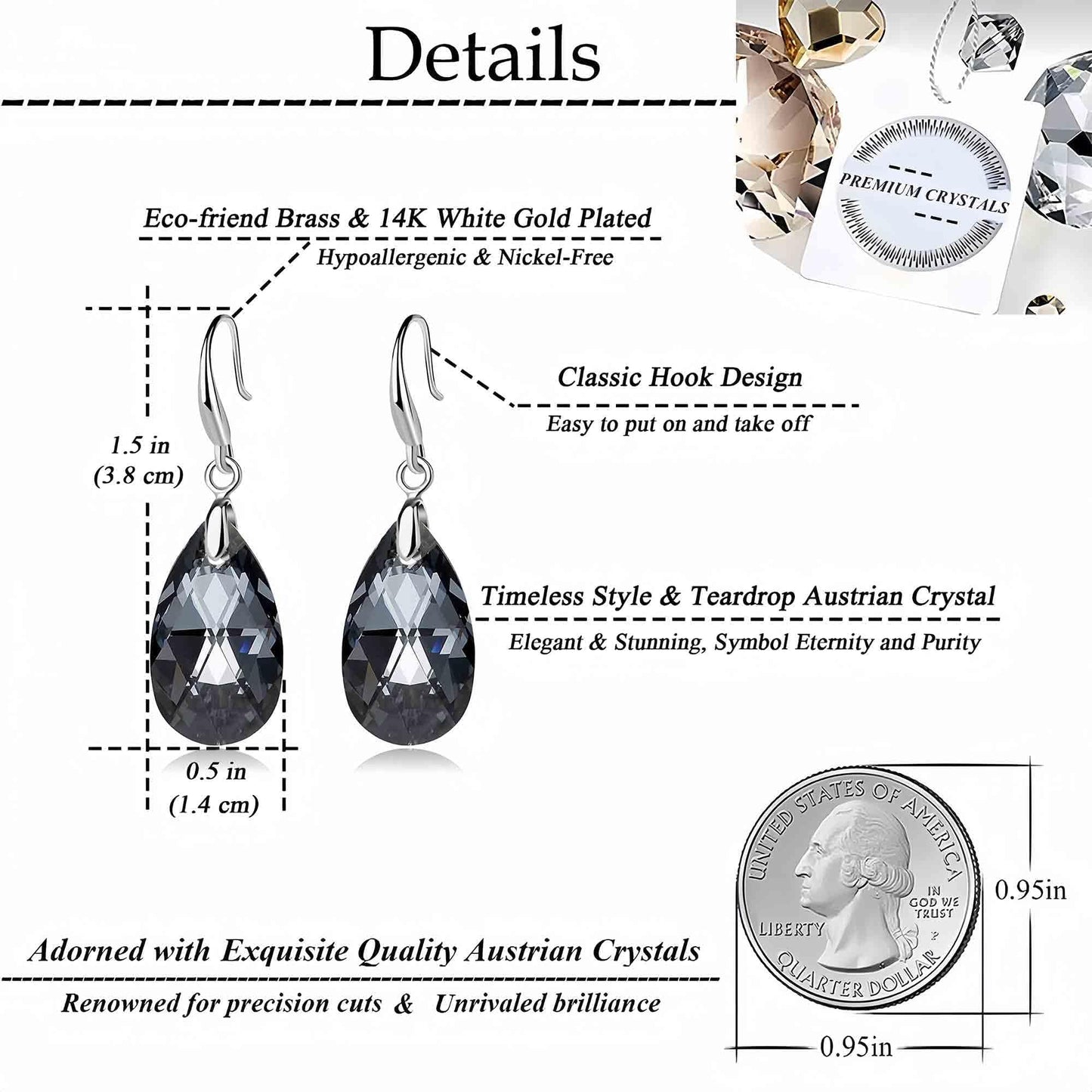 Austrian Crystal Teardrop Dangle Hook Earrings for Women 14K Gold Plated Hypoallergenic Jewelry (Grey-Black)