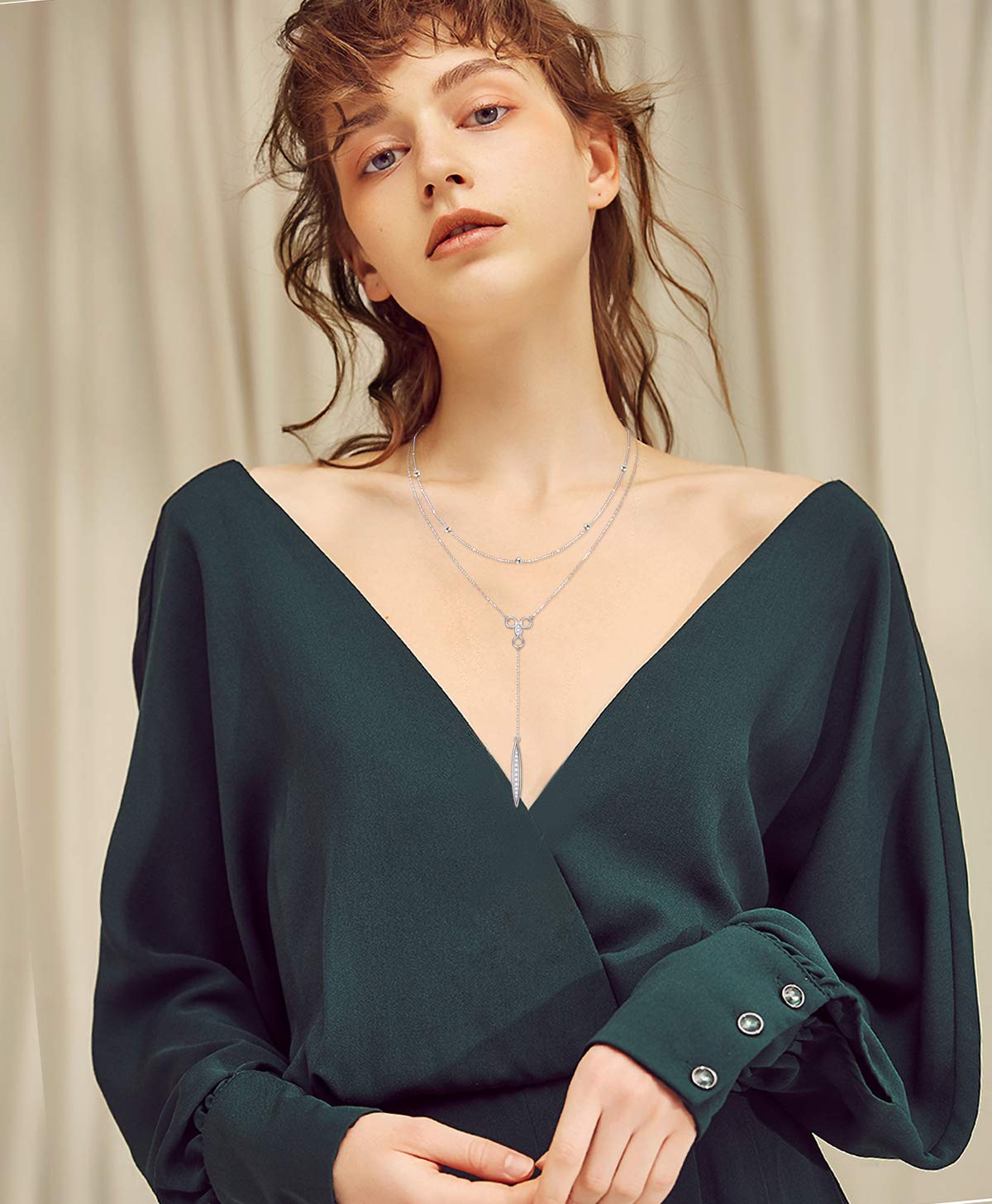 FLYOW Multi Layered Bar Necklace S925 Sterling Silver Beads Choker Marquise Cubic Zirconia Y Lariat Necklaces Long Chain Jewelry Gifts for Women Mothers Day Gifts