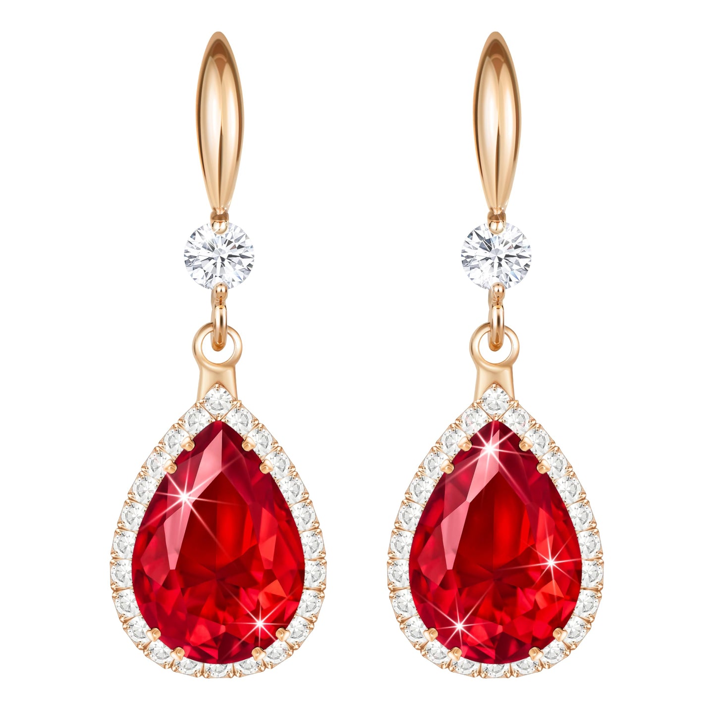 Linawe Red Dangle Earrings for Women Rose Gold, Ruby Imitation Diamond Wedding Drop Earrings, Rhinestone Cubic Zirconia Crystal Earrings Set, Teardrop Birthstone Jewelry