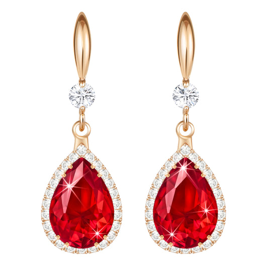 Linawe Red Dangle Earrings for Women Rose Gold, Ruby Imitation Diamond Wedding Drop Earrings, Rhinestone Cubic Zirconia Crystal Earrings Set, Teardrop Birthstone Jewelry