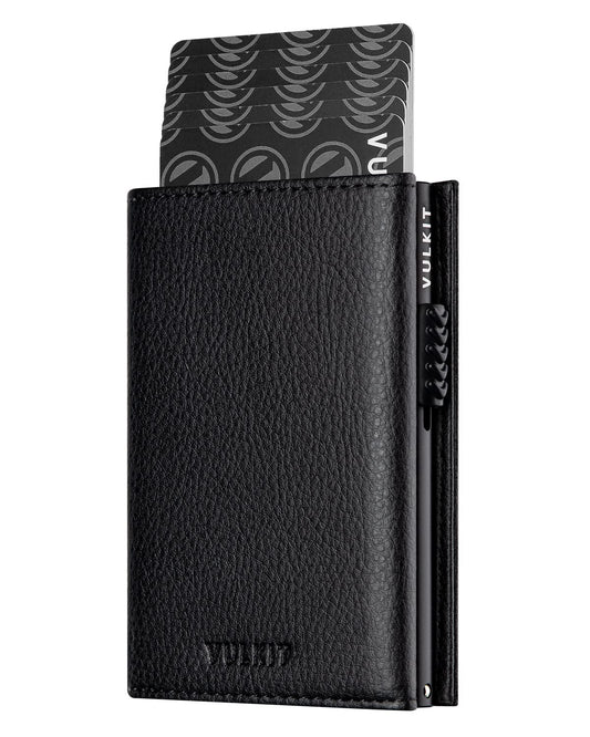 VULKIT Card Holder Wallet with Coin Pocket Magnetic Closure Pop Up Cards With ID Window Leather Wallet for Cash & Credit Cards, Grain Black
