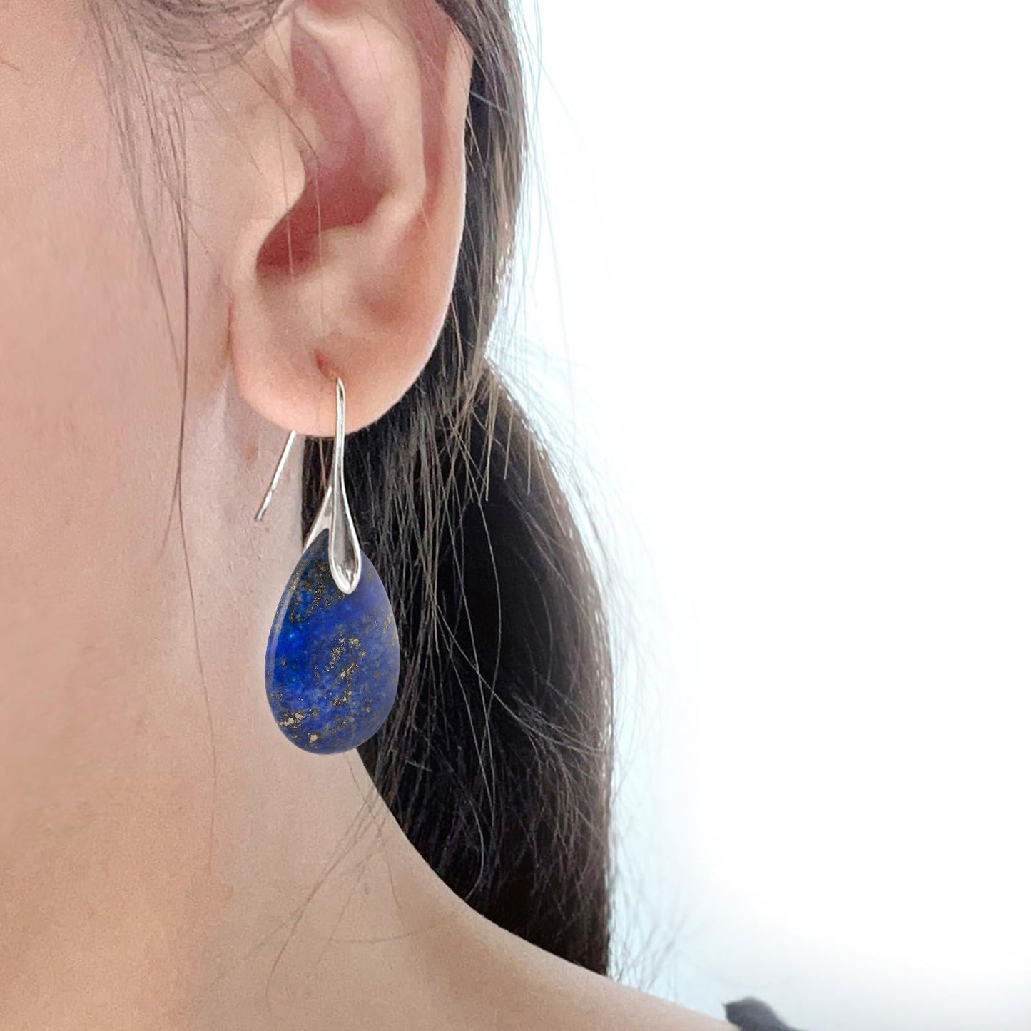 SELOVO Blue Agate Stone Teardrop Fishhook Dangle Drop Earrings Silver Tone