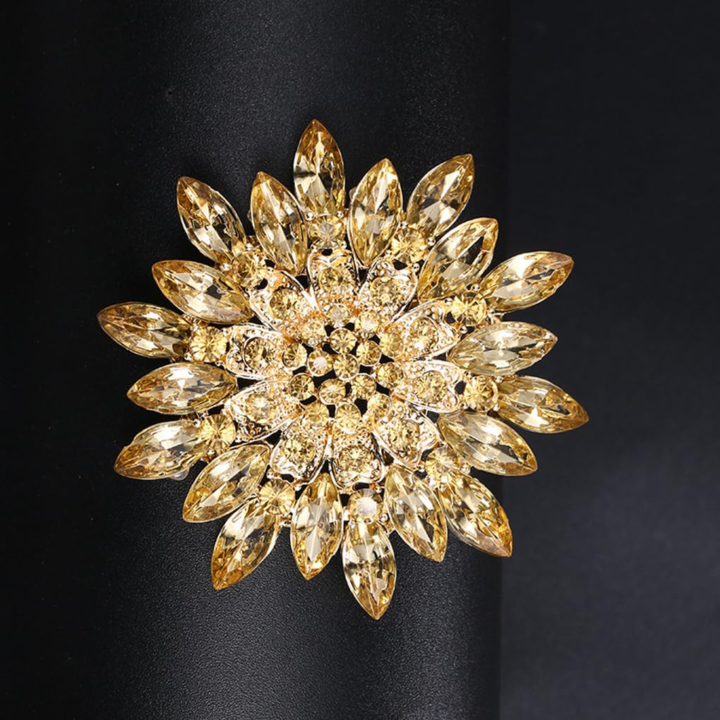Rhinestone Large Flower Brooches Pins for Women Fashion Sparkly Crystal Sunflower Statement Brooch Unique Wedding Party Suit Dress Jewelry Accessories (Yellow)