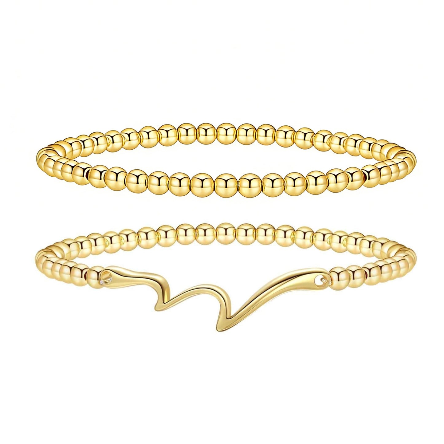 Jsuospmy Gold Beaded Bracelets for Women 14K Gold Wave Bracelet Handmade Stackable Bracelets for Women Trendy Non Tarnish Bracelet Jewelry Gift for Womens 2Pcs (05.Wave+Beaded (Gold))