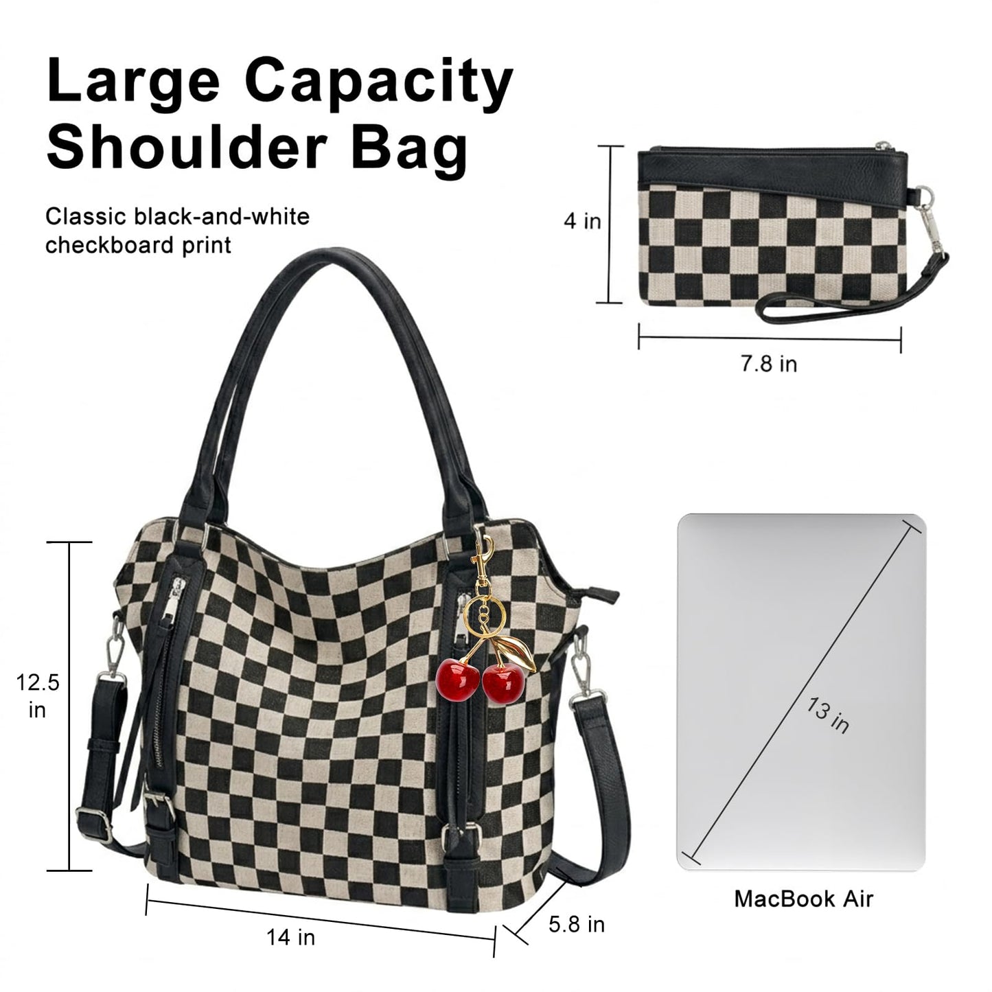 Checkered Crossbody Bag, Checkered Purse, Large Capacity Shoulder Bag, Handbag with Wallet and Cherry Charm