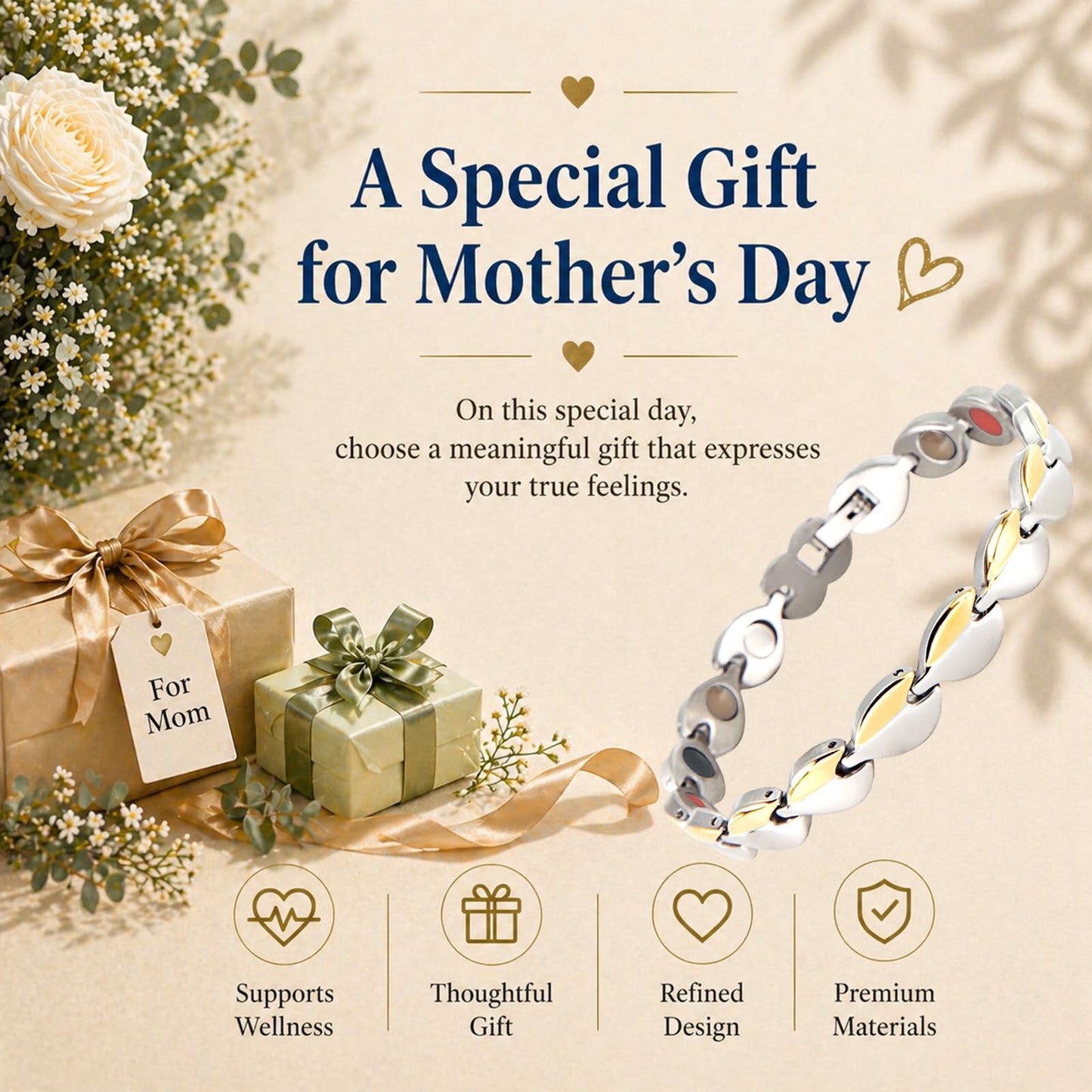 KYOSI Magnetic Bracelets for Women Stainless Steel Womens Magnet Bracelet Leaf Shape Fashion Christmas Gift (Silver&Gold, 7.87 inches)