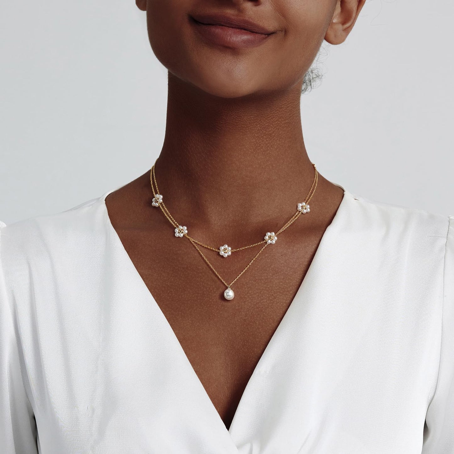 Luxval Layered Gold Pearl Necklaces Dainty Layered Simple Pearls Choker Chain Cute Daisy Pearl Choker Necklace Set Flower Necklaces for Women Trendy Wedding Jewelry Gifts