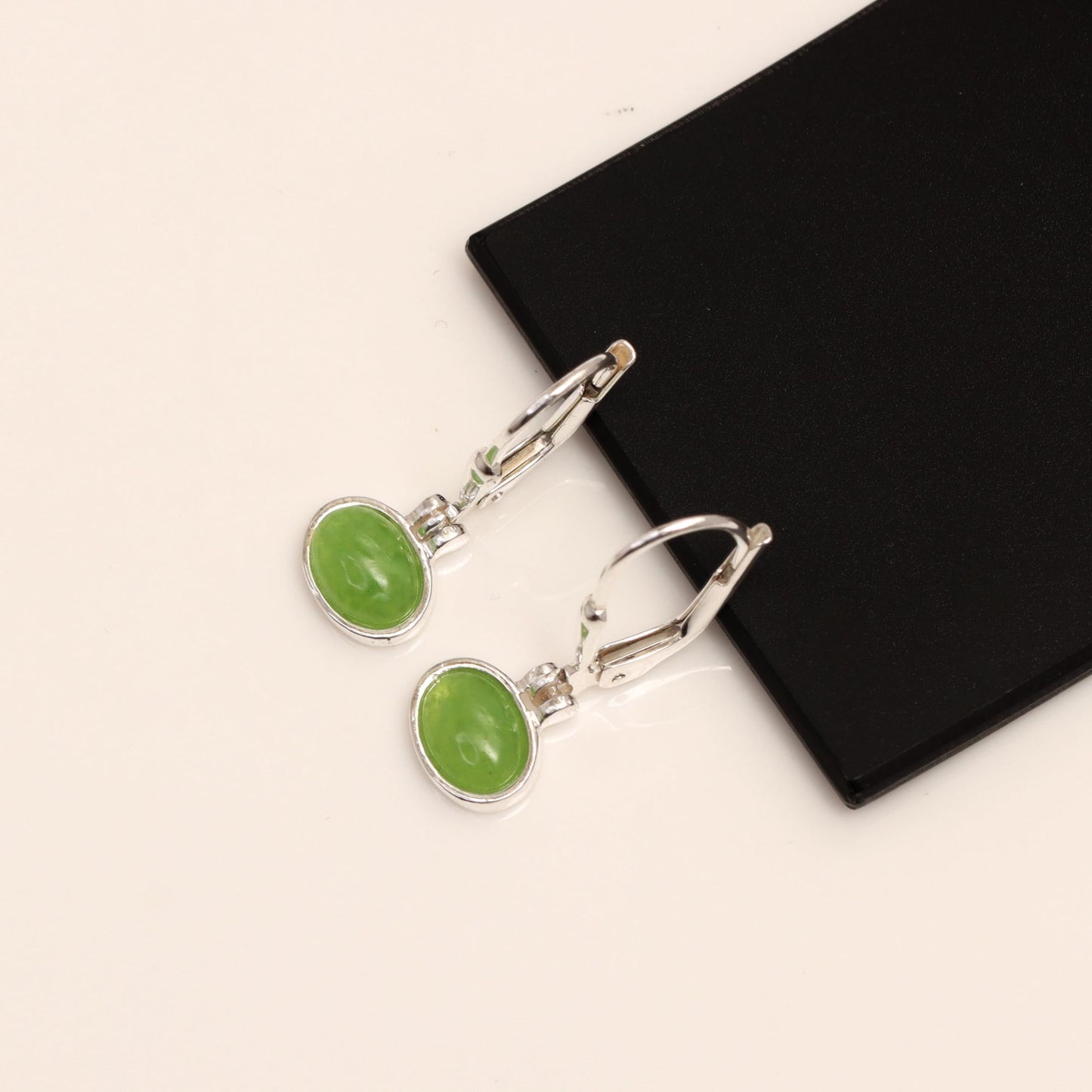 LeCalla 925 Sterling Silver Bezel-Set Leverback Earrings | Green Jade Oval Gemstone Drop Earrings for Women 23MM