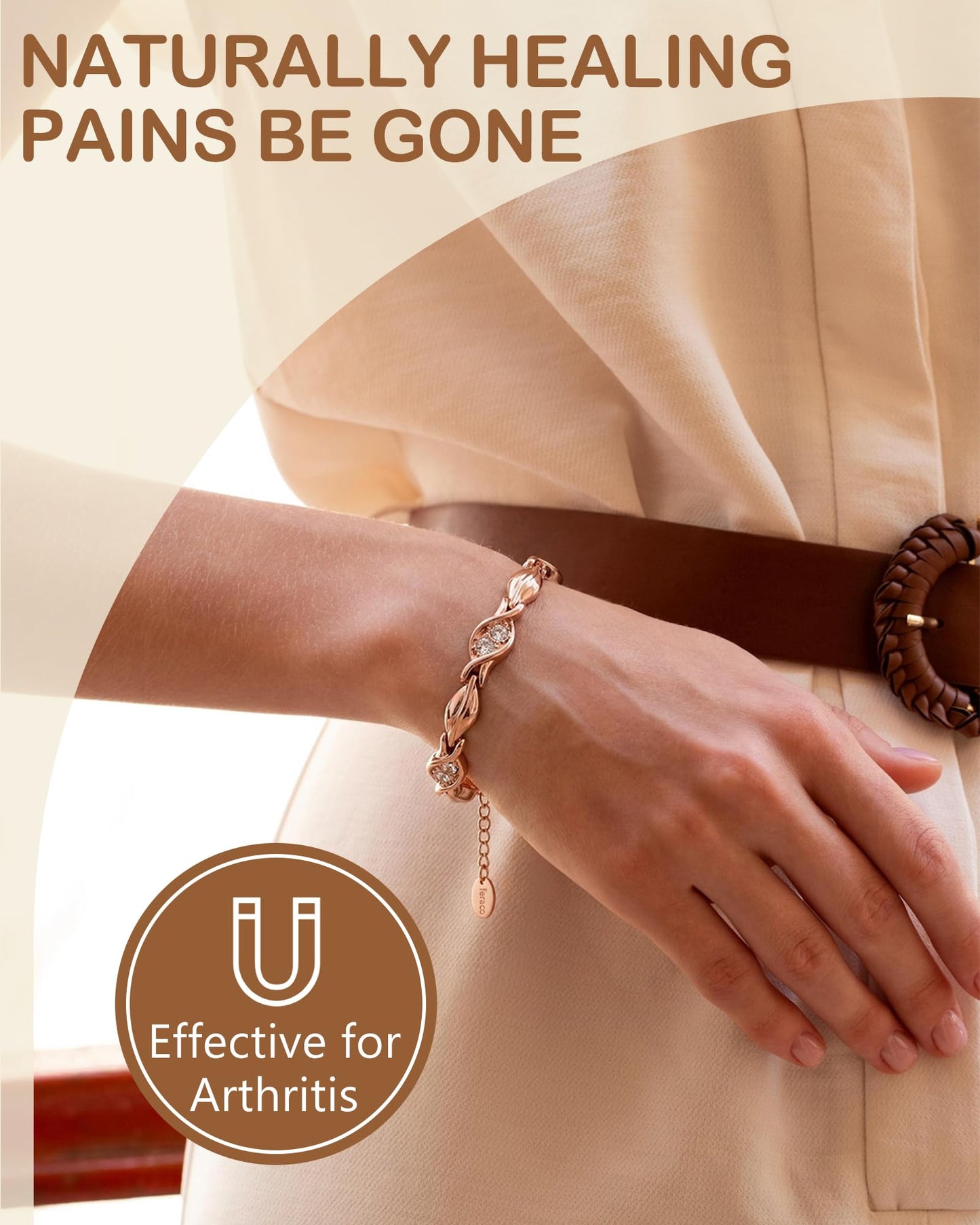 Feraco Pure Copper Bracelets for Women, Ultra Strength Magnetic Bracelet for Women with 3800 Gauss Magnet & Dazzling Austrian Crystals Stone, Copper Jewelry Gift (Rose Gold)
